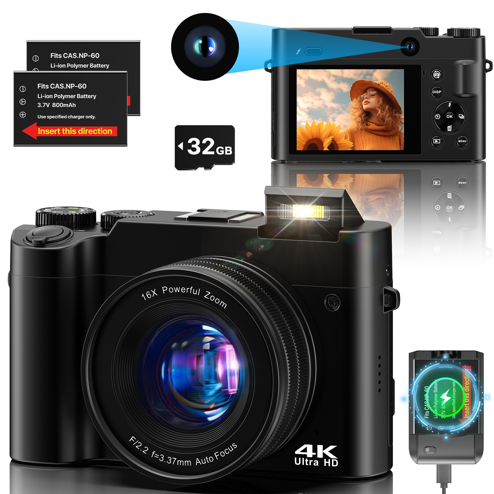 Appareil Photo Numérique Compact 4K Teoryieer Appareil Photo Numérique, 4K 64MP Autofocus Appareil Caméra Compacte Zoom 18x
