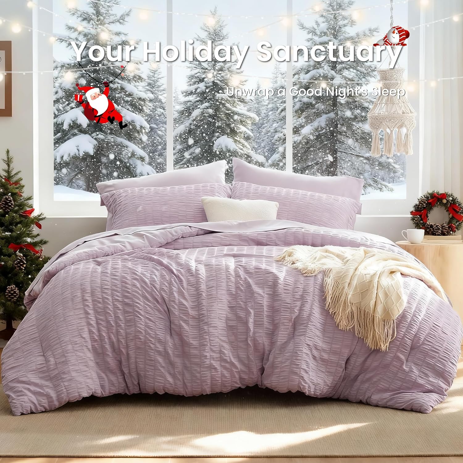 Love's cabin Seersucker Lavender Twin Comforter Set 5 Pieces, All Season Bedding Set, Twin Bed in a Bag Comforter Set with Comforter, Flat Sheet, Fitted Sheet, Pillowcase and Pillow Sham | Soft, Breathable, Lightweight - Image 2