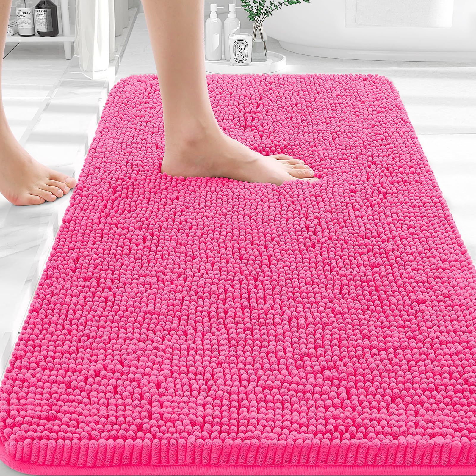 OLANLY Bathroom Rugs 35x24, Extra Soft Absorbent Chenille Bath Rugs | Hot Pink, Quick-Drying Rubber Backing, Machine Washable Bath Mat for Bathroom Floor, Tub and Shower, Home Decor Accessories