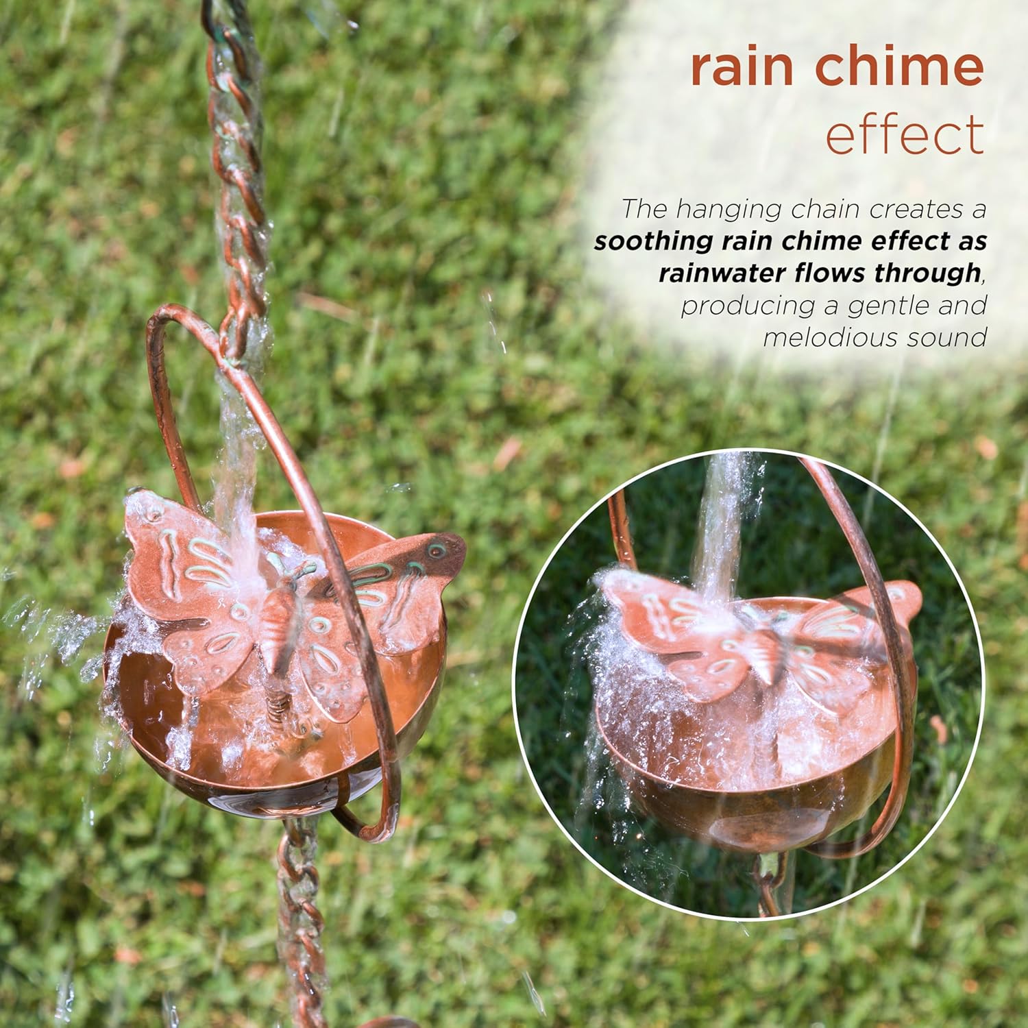 Alpine Corporation QES142HH Metal Hanging Butterfly with Spring Chain Rain Catcher, Décor for Garden, Patio, & Lawn, 73" H