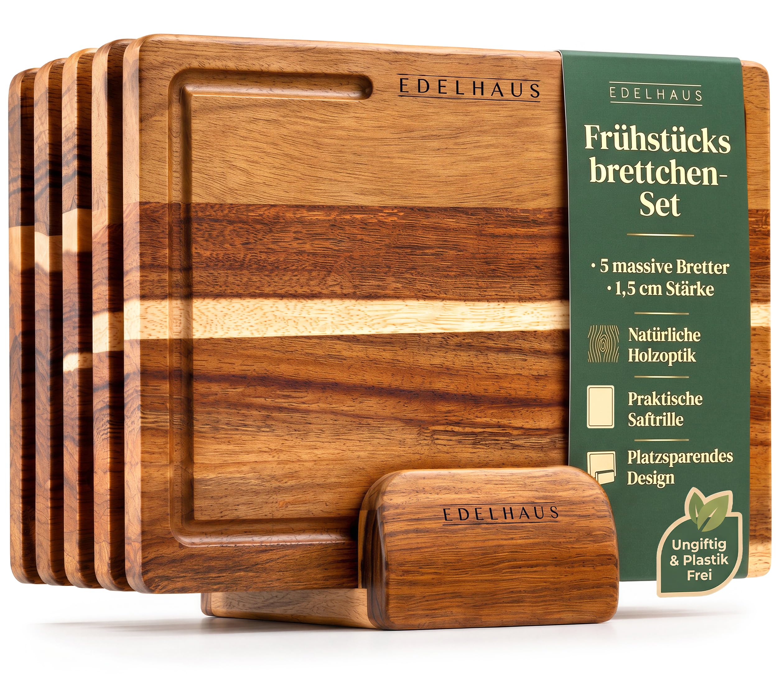 EDELHAUS Frühstücksbrettchen 5er Set, Schneidebrett Holz Akazie 23x16 cm