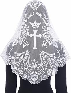 Mantilla Veils Catholic for Women: Triangle Rose Cross Veil for Mass Pray, Christian Floral Lace Church Head Veils