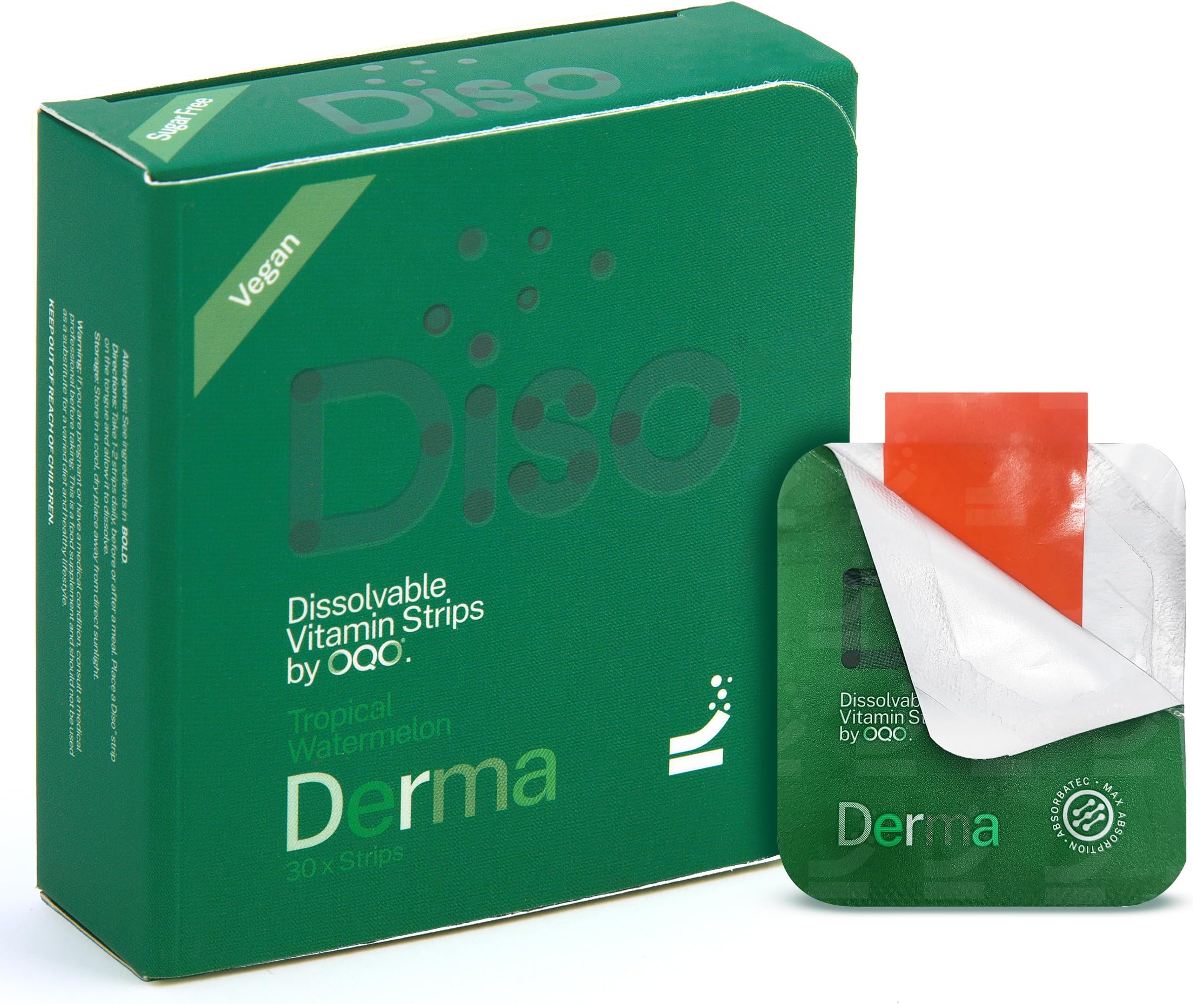 Diso Derma - Hair Growth Vitamins with Folic Acid & Biotin 1000mcg - Box of 30 Oral Dissolvable Strips for Hair & Skin Care, Vegan, Sugar-Free - Tropical Watermelon
