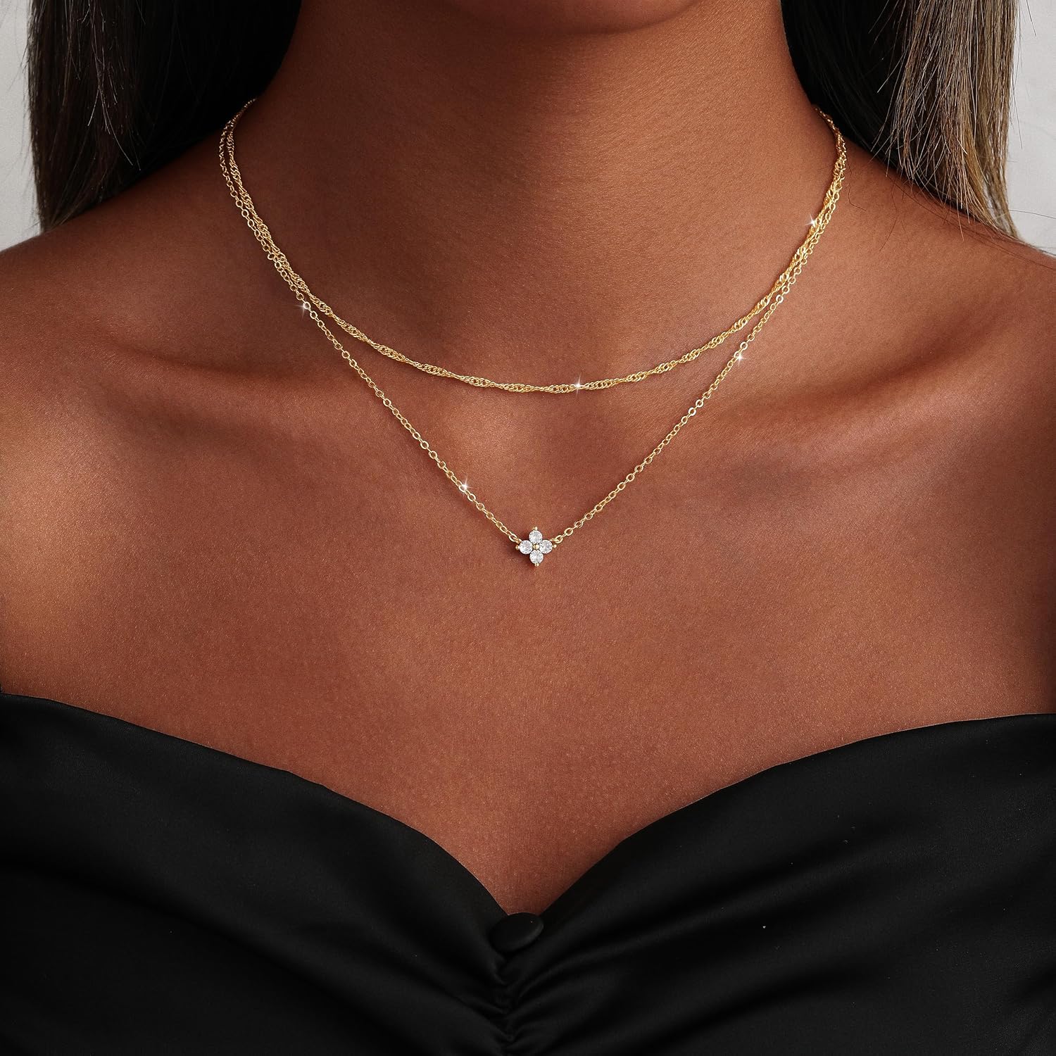 MIDEEO Gold Layered Necklaces for Women, 14K Plated Gold Sterling Silver Plated Dainty Pendant Non Tarnish Necklace Set with Cubic Zirconia,Stackable Chain Choker,Trendy Jewelry Gift