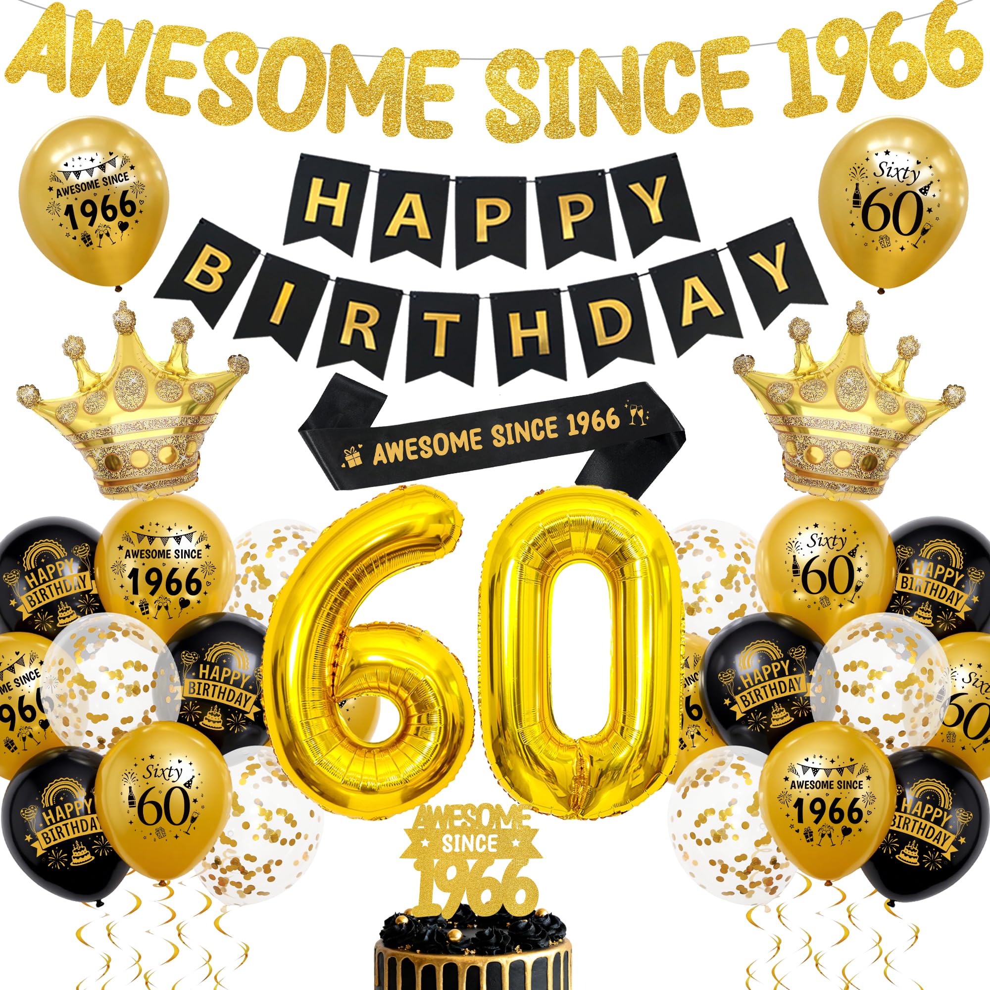 60th Birthday Decorations Black Gold - Awesome Since 1966 Banner Set with Cake Topper and Sash, Happy Birthday Banners, Number Foil Balloons, Latex Balloons for 60 Years Old Party Supplies
