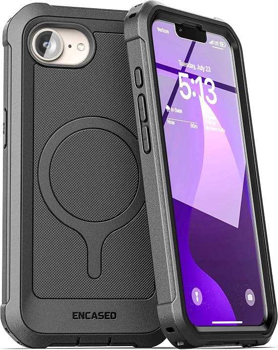 ENCASED for iPhone 16e, iPhone 17e Case with Built-in Screen Protector, Compatible with MagSafe - Military Grade Protection with 360 Rugged Full-Body Coverage (Black)