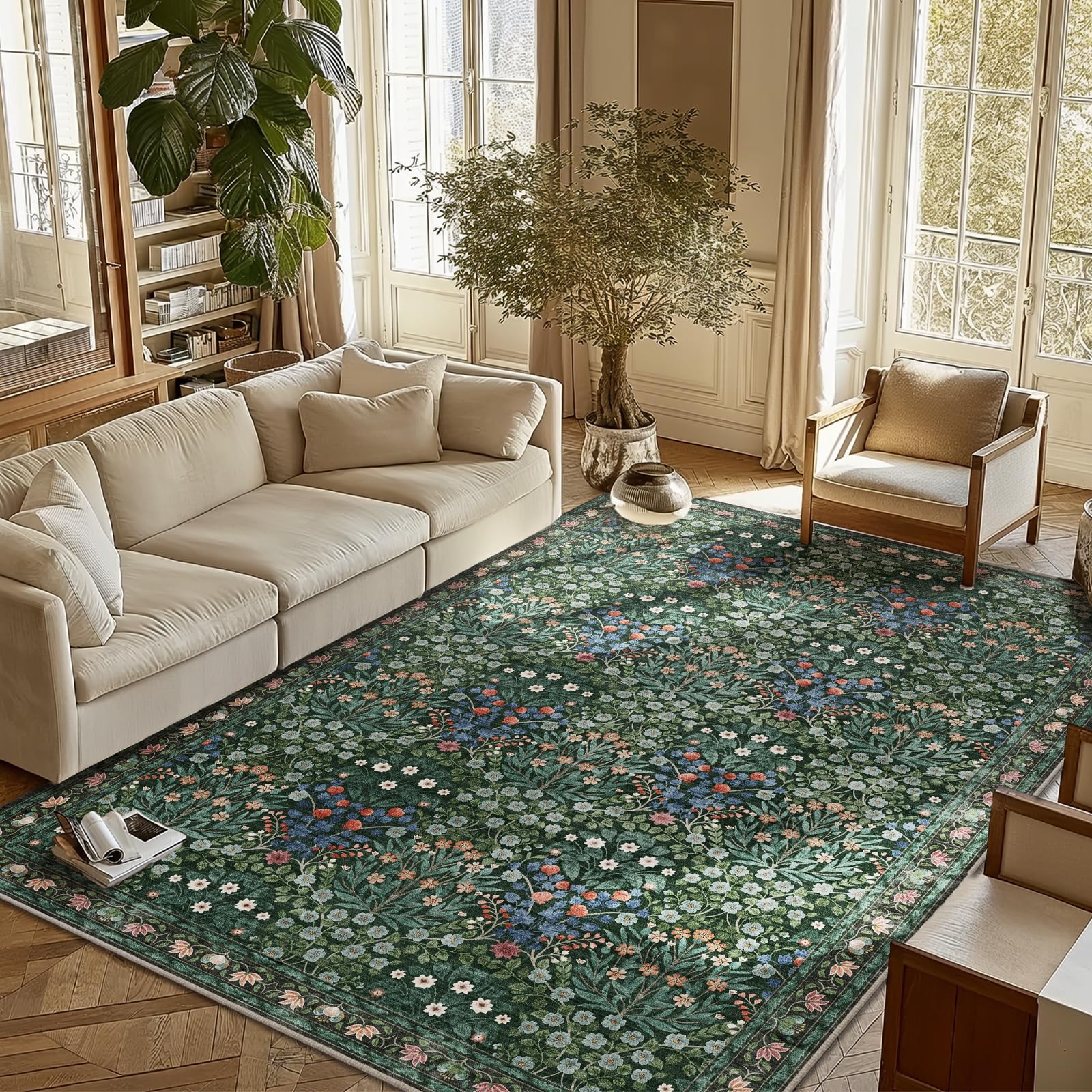 Washable Dark Green 6x9 Oriental Style Area Rug for Dining Room Under Table &amp; Living Room, Low Pile Non-Slip Stain Resistant Carpet for Bedroom
