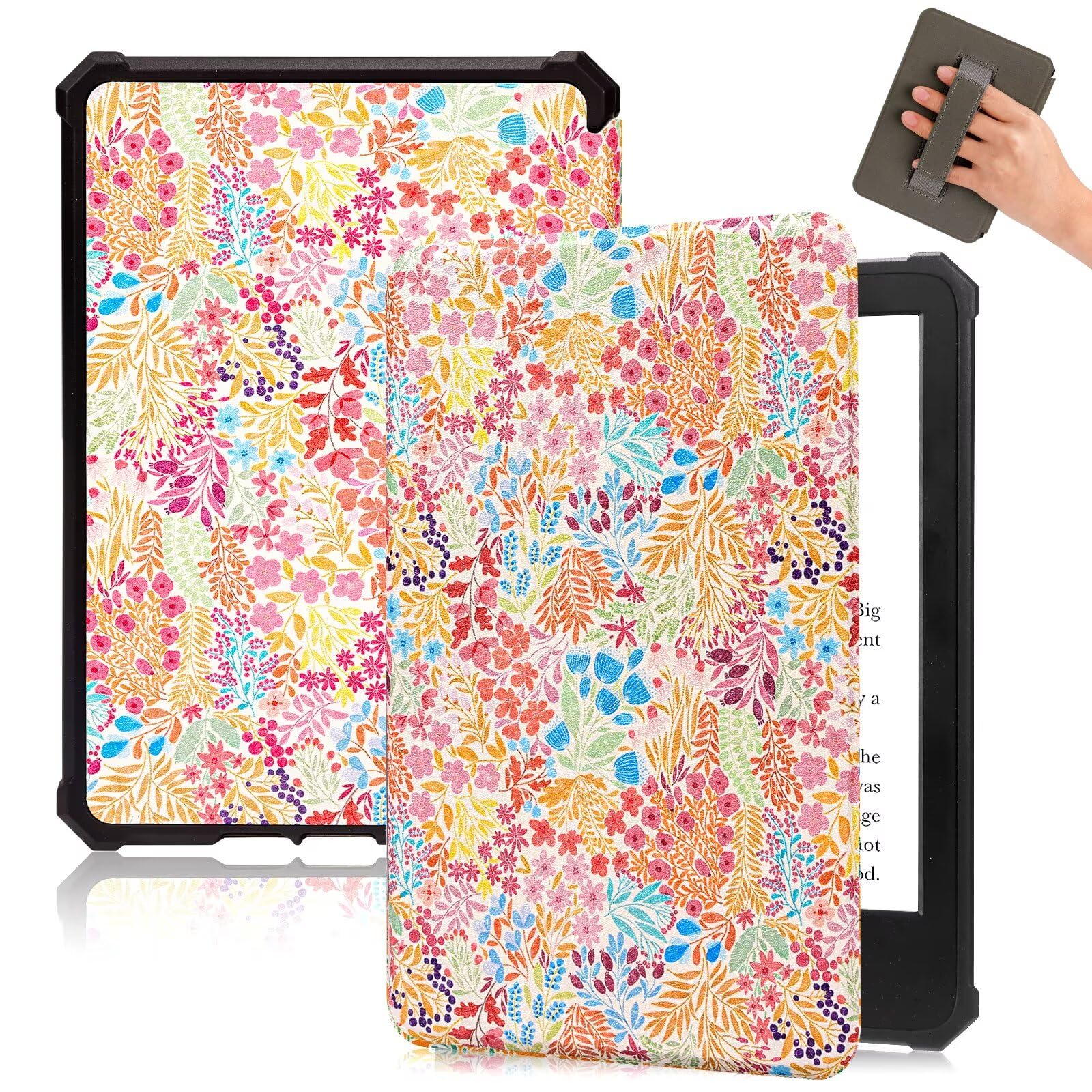 Pink Tulip Kindle Case For 11th Generation (2024/2022) - Hand Strap PU Leather Cover With Auto Wake/Sleep