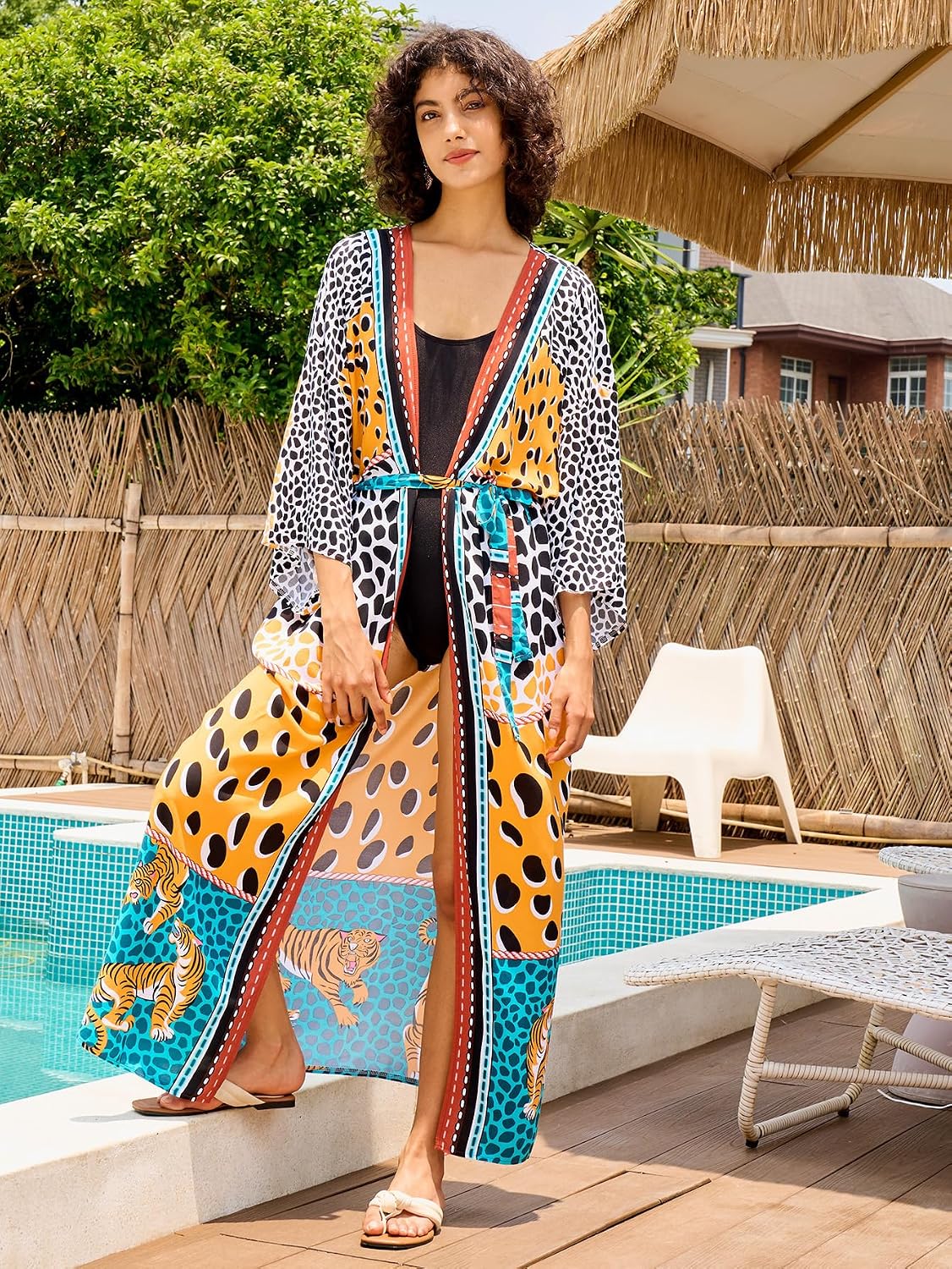 Women’s Kimono Cover Up Long Beach Dress Swimsuit Cover Ups Colorful Cardigan Lightweight Robe for Swimwear image 3