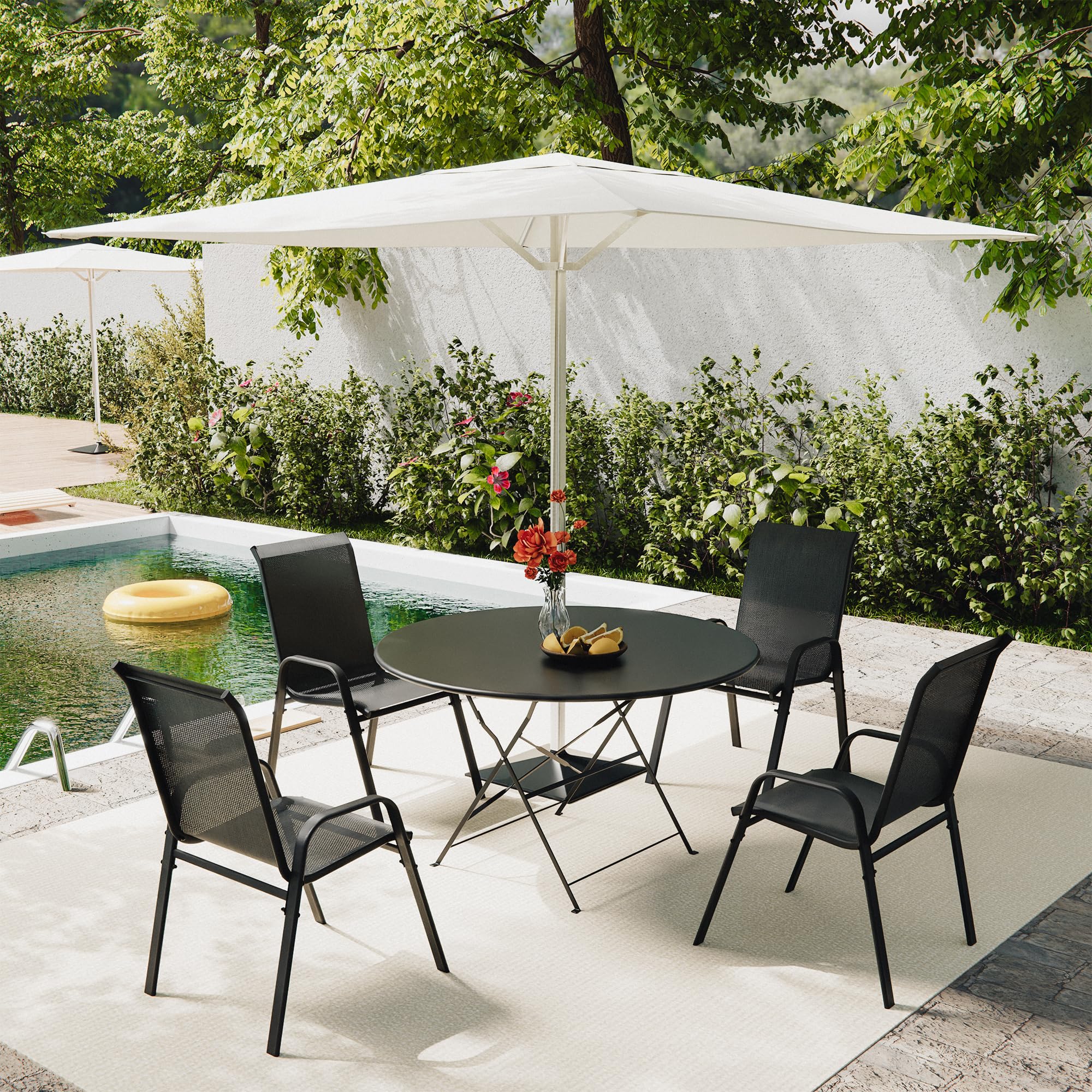 ALAULM Hochlehner Gartenstühle 4er Set Stapelbar, Wetterfeste Terrassenstühle mit Armlehnen, Atmungsaktives Textilene & Stahlgestell für Garten, Balkon, Terrasse, Poolbereich (Schwarz)