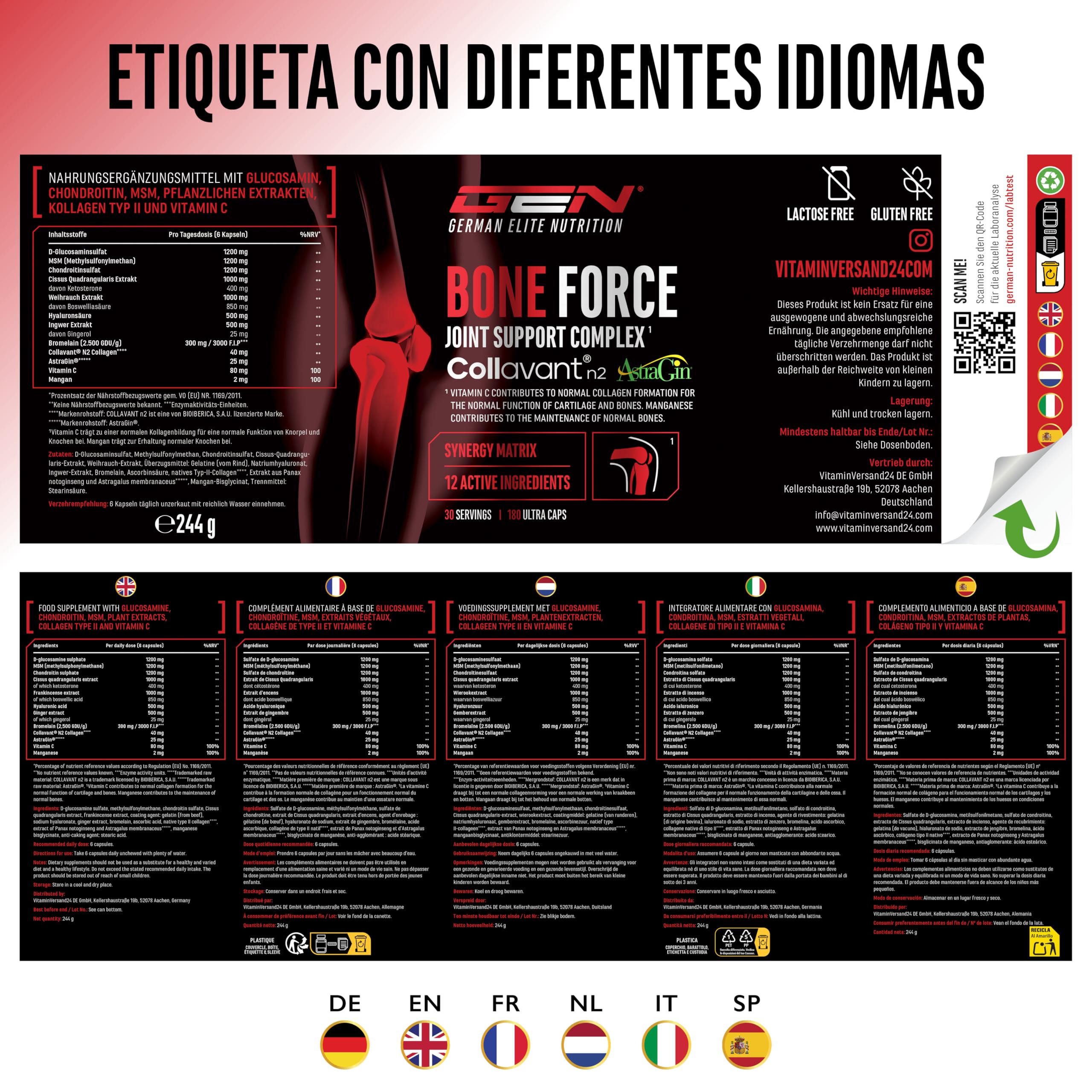 Bone Force - Complejo Articular Premium con Collavant® N2 (Colágeno Tipo II), AstraGin®, Glucosamina, MSM, Condroitina, Cissus y Acido Hialurónico - 180 Cápsulas Ultra