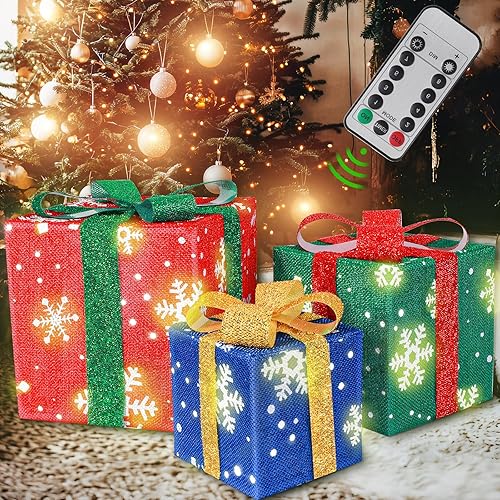 Christmas Lighted Gift Boxes, Set of 3 Light up Present Boxes Set, Xmas Tree Skirt Ornament, Battery Operated 8 Light Modes for Holiday Indoor Outdoor Christmas Tree, Yard, Home Decor
