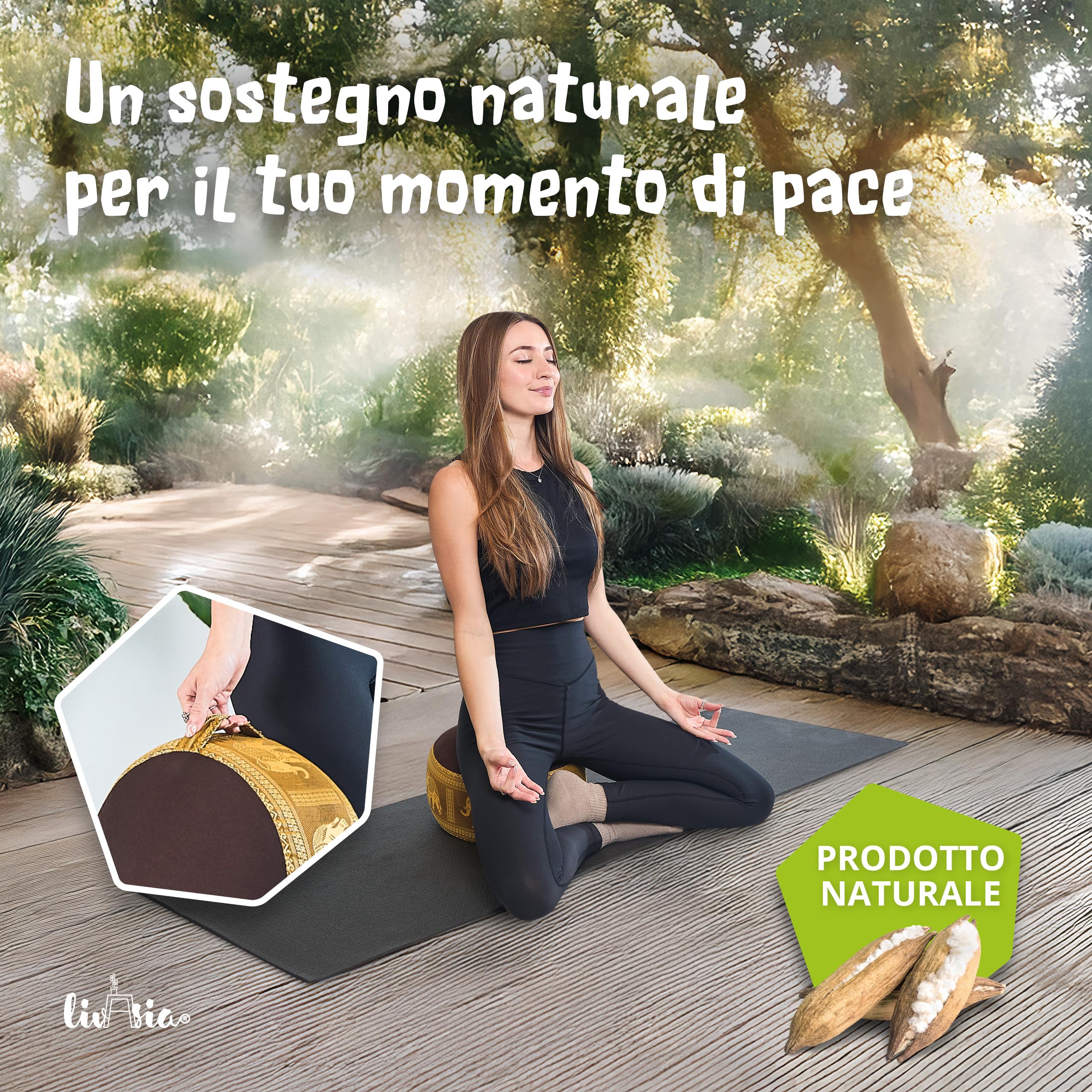 livasia Cuscino da Meditazione Seta thailandese - Ø 32x20cm - Cuscino per Yoga Piccolo kapok, Pouf, Cuscino da Pavimento Yoga Zen, Cuscino Giardino Balcone, Fatto a Mano (Marrone/Oro/Elefanti Seta)