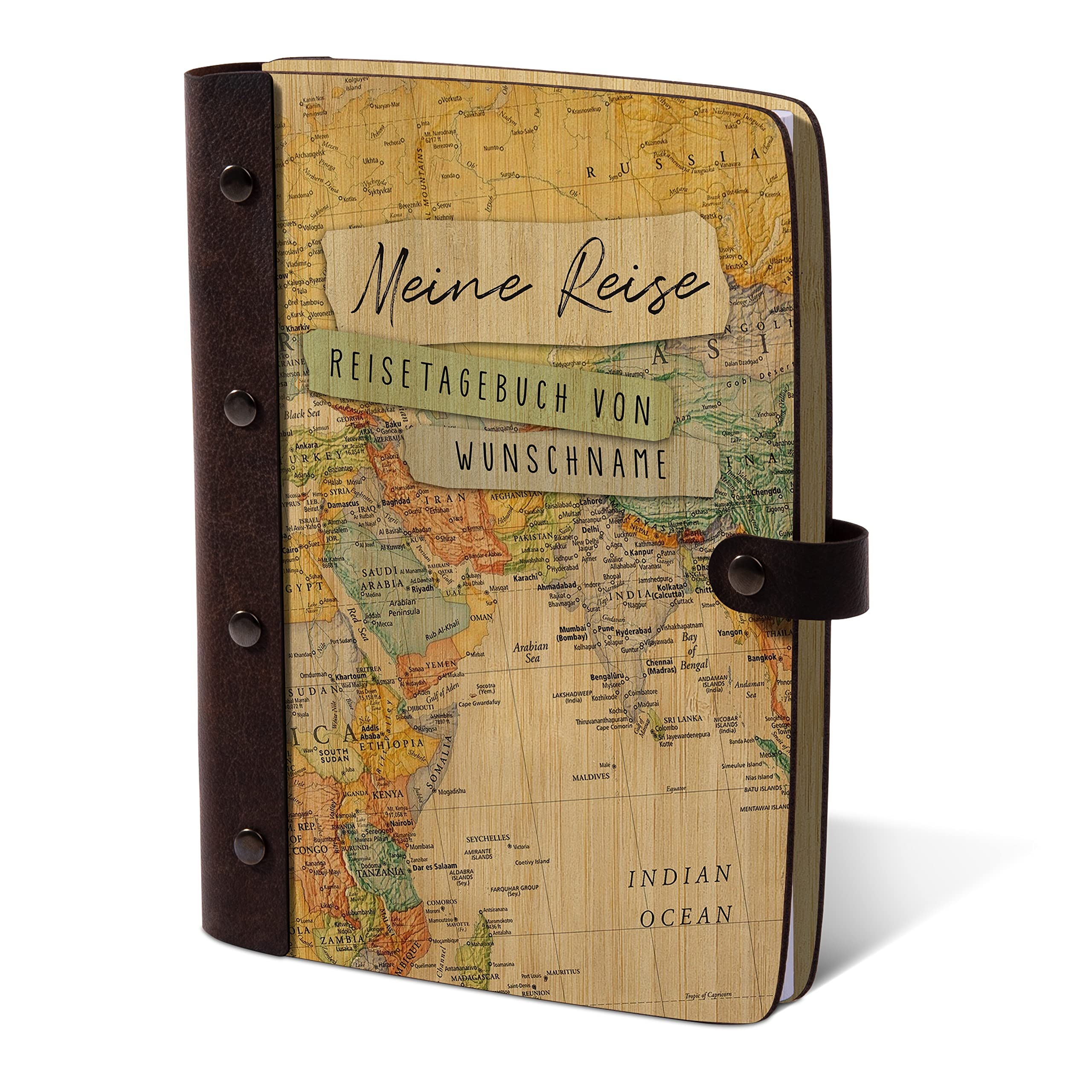 Kartenmachen.de Notizbuch Tagebuch individuell mit UV-Druck Bambus Cover mit Echtleder Rücken 72 Blätter | 144 Seiten DIN A5 hoch 158 x 222 mm - Moderne Weltkarte Reisetagebuch