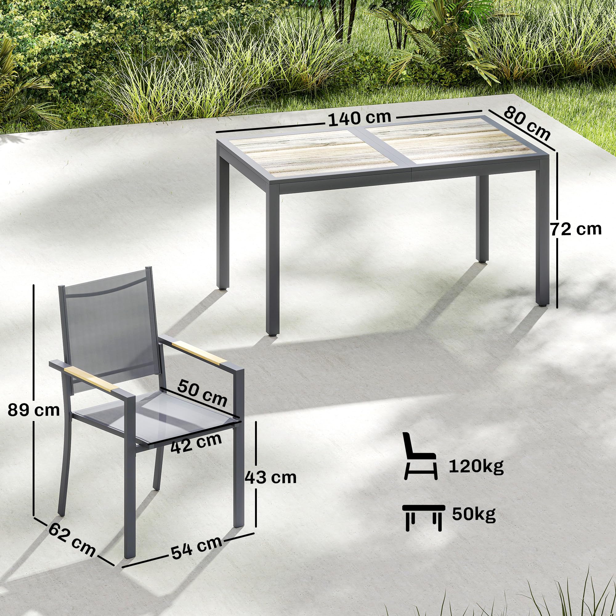 Outsunny Salon de Jardin 7 Pièces - Table Effet Bois sans Entretien et 6 Chaises Empilables en Textilène - Ensemble Mobilier de Jardin Résistant pour Repas en Terrasse, Gris Anthracite