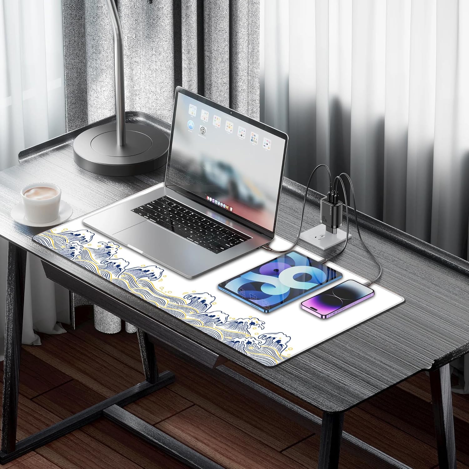 LL-COEUR Sea Wave Large Gaming Mouse Pad 31.4x15.7x0.12inch Long Computer Mouse Mat with Non-Slip Base Stitched Edges Office Desk Accessories Gifts XXL