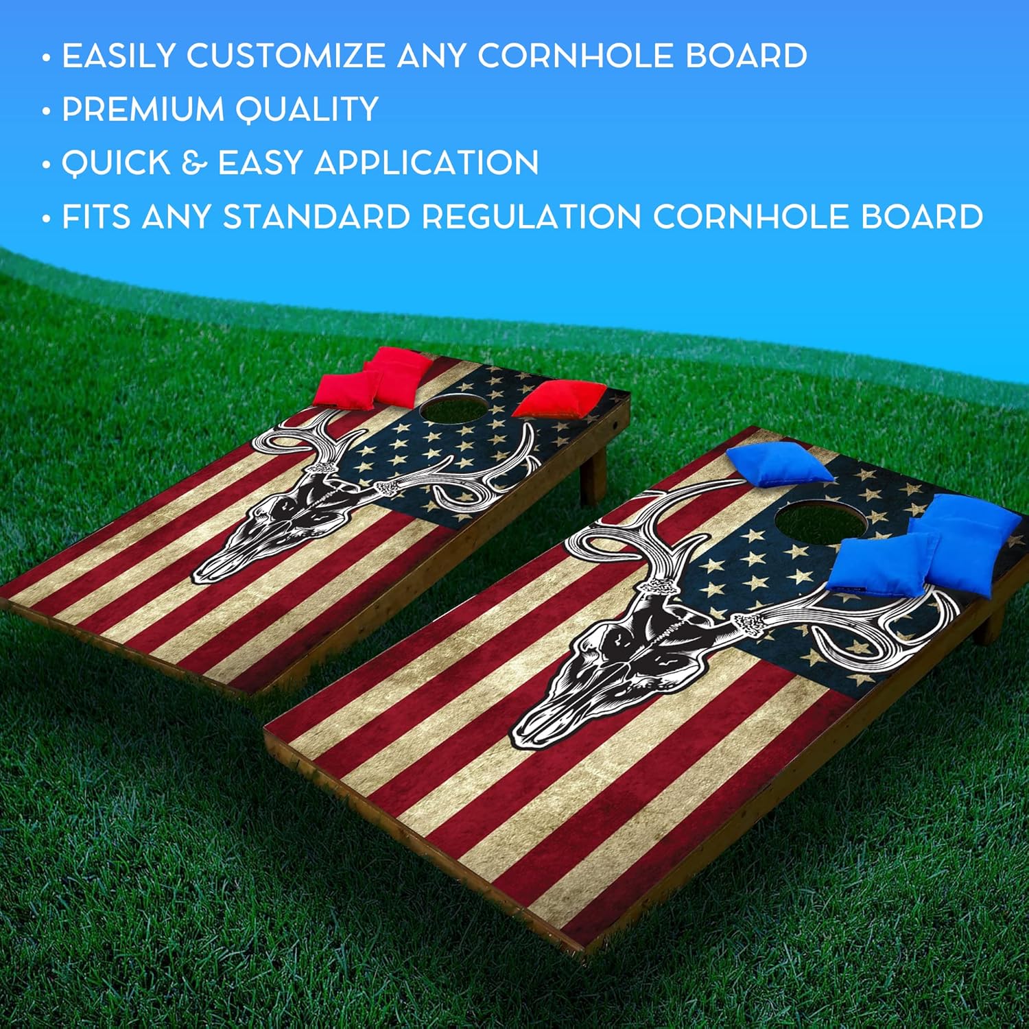 GRAPHIX Express - C201 American Flag Deer - Patriotic Cornhole Board Wrap - Laminated Weatherproof Vinyl Decal - Easy Bubble-Free Application - Stickers Dimensions: 2' x 4' - Set of 2