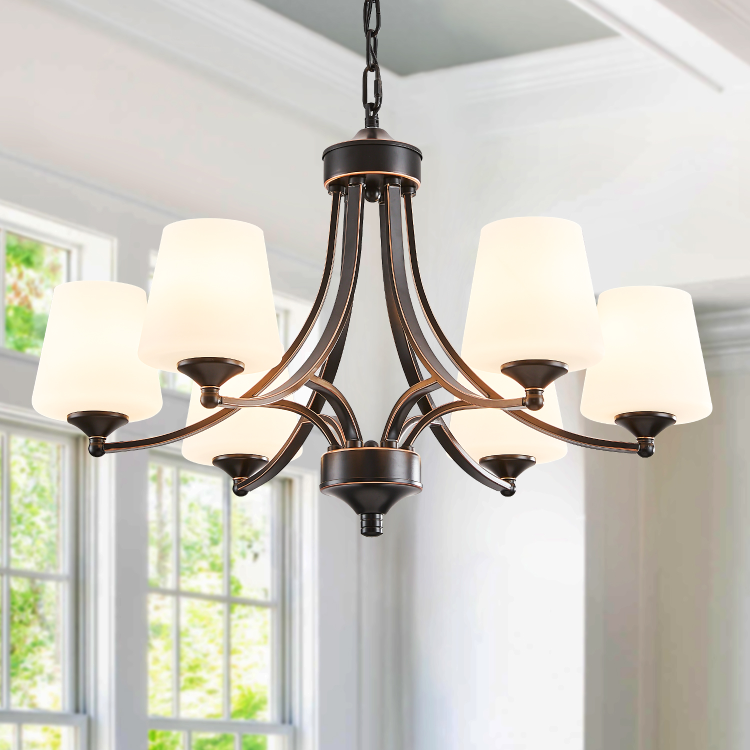 Image of 6-Light Farmhouse Chandeliers Black and Gold Dinner Room Light with Frosted Glass 47.2 inch Adjustable Pendant Ceilling Lighting Rustic Vintage Hanging Lamp for Kitchen Island Dining Table Living Room