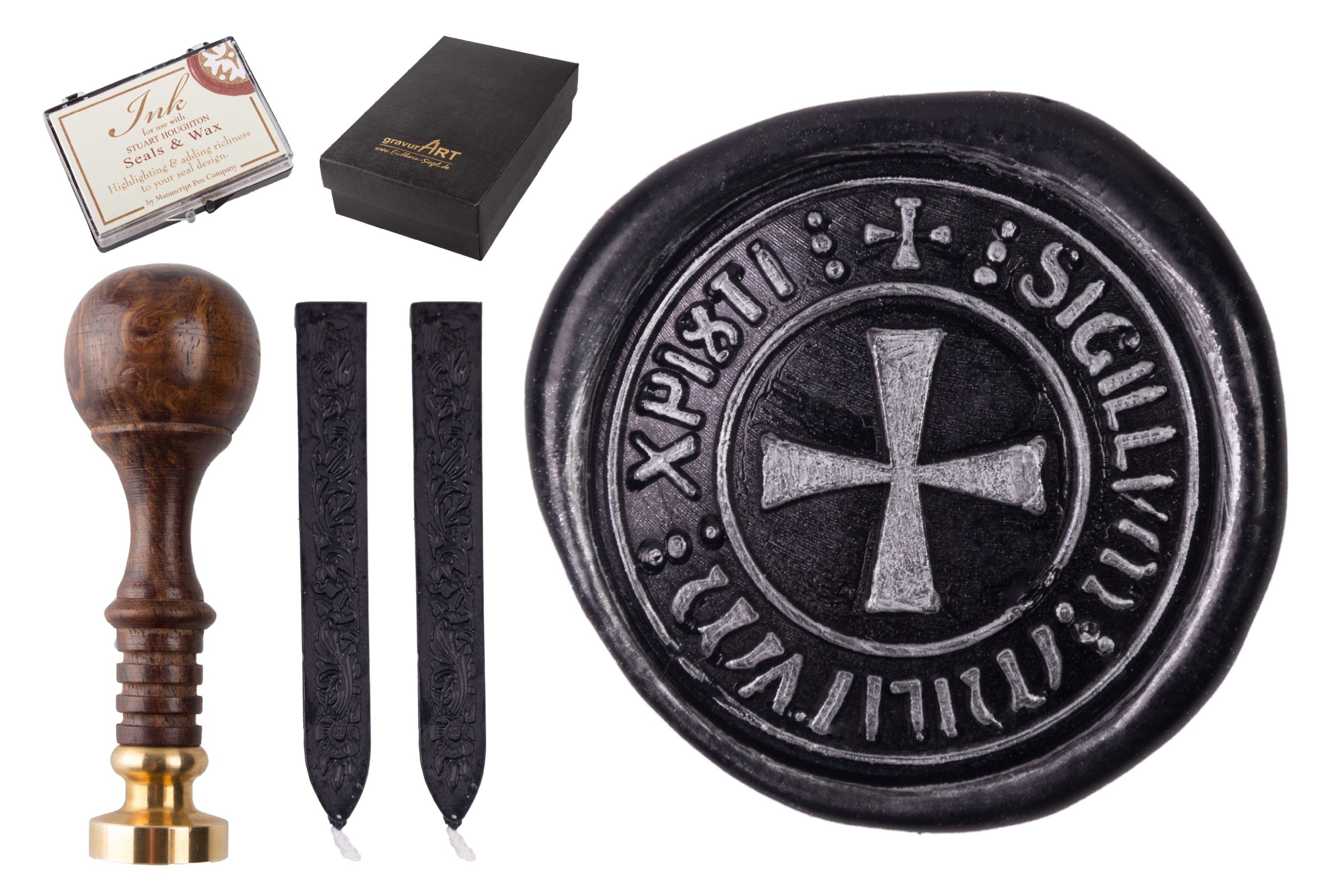 gravurART - Siegel Stempel Gravur "Tempelritter Tatzenkreuz" mit 2 Stangen Siegelwachs und Siegelkissen