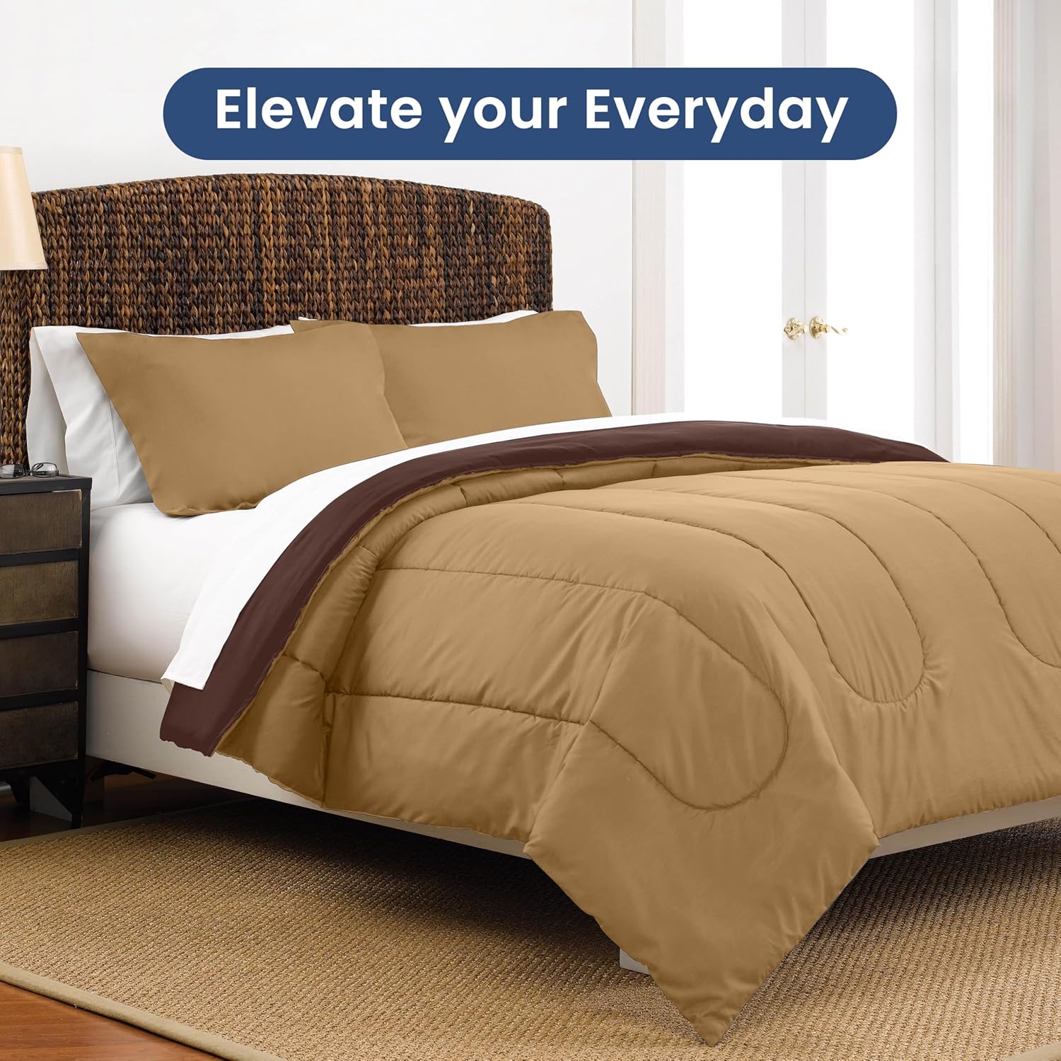 Martex 3-Piece Reversible Comforter Set – Full/Queen Comforter Set – for Full Size Bed & Queen Size Bed - Versatile Room Decor – Durable Bedding Set – Machine Washable – Super Soft – Khaki/Chocolate
