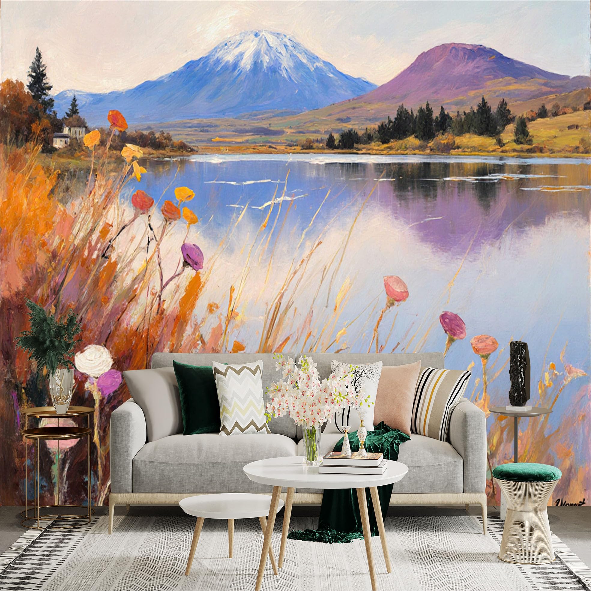 Custom Size Wall Sticker Mural， Autumn Lake with Wildflowers and Snowy Mountains Landscape， for wall Decoration， peelandstick wall Decals.