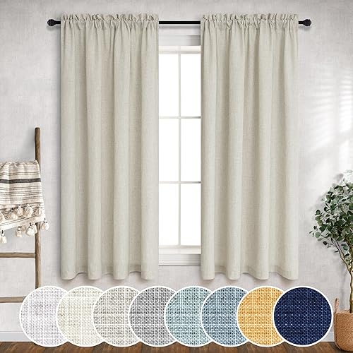 Cortinas beige de 54 pulgadas de largo para cuarto de bebé, 2 paneles con bolsillo para varilla, cortas, neutrales, semitransparentes, de lino con