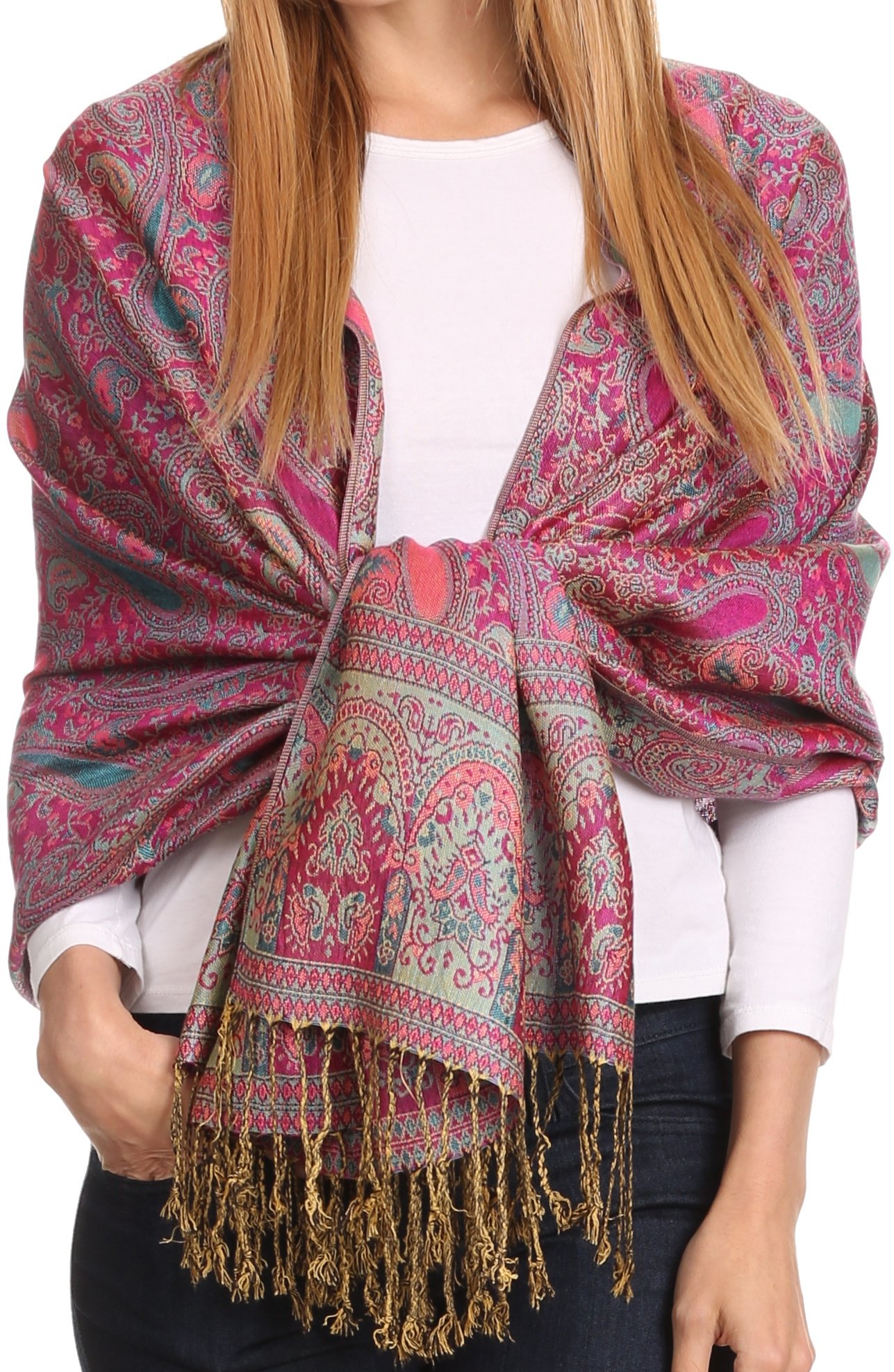 Sakkas Women's Fuchsia 16125 - Kalin Long Wide Woven Patterned Fringe Tassel Pashmina Shawl/Scarf - Os