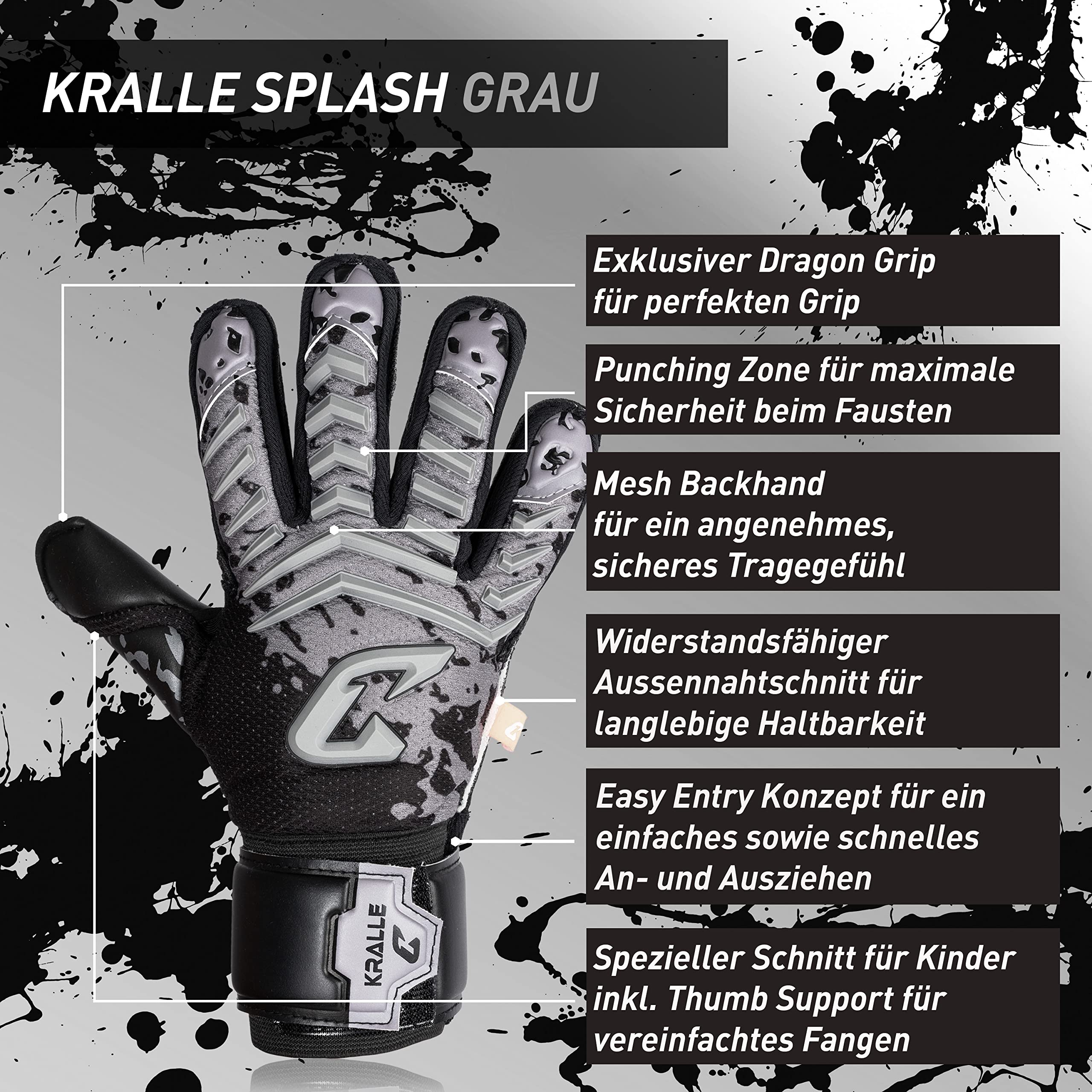 Catch & Keep Kralle Junior Pro 3.0 Torwarthandschuhe - Professionelle Fußballhandschuhe für Kinder, Falcon Grip Ultra Strong - Optimale Passform für Kinder (Splash Kralle Grau/Schwarz, 4)