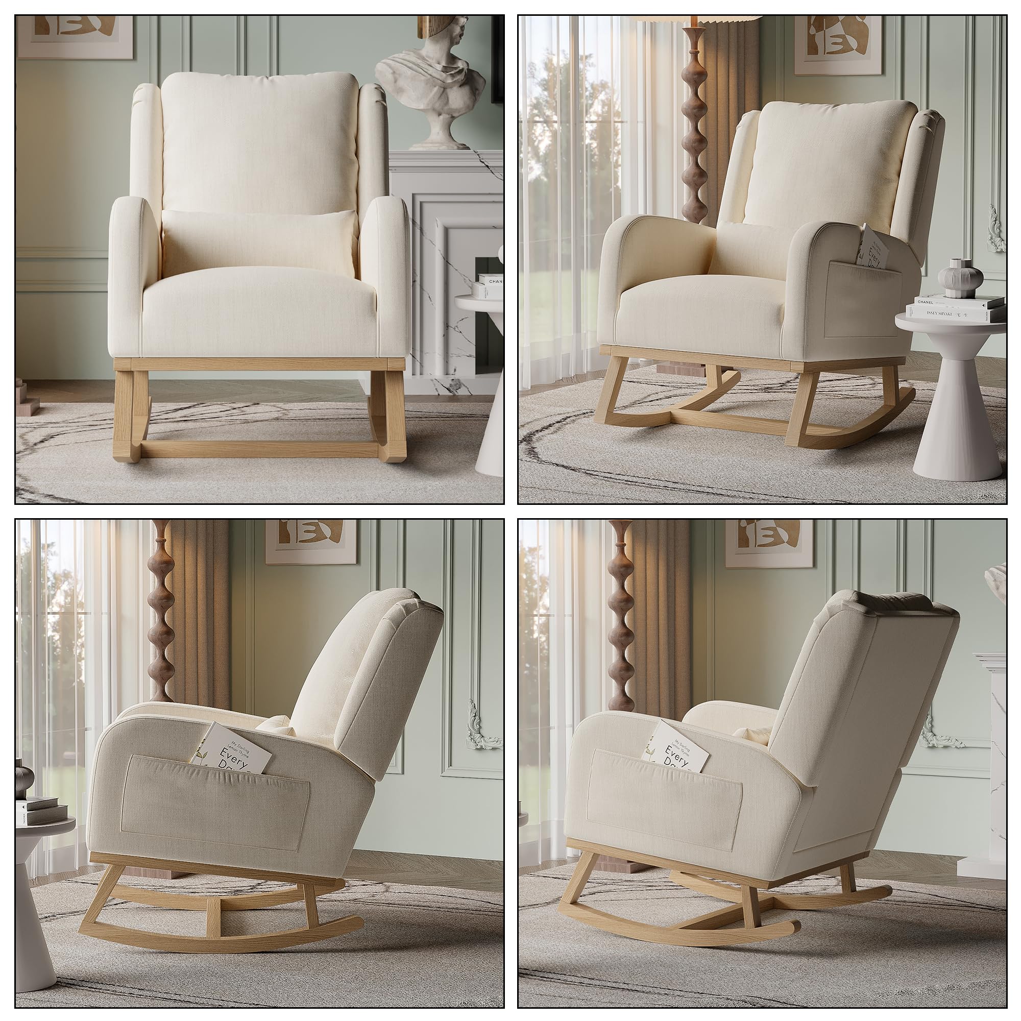 Poltrona da Lettura a Dondolo Interni Con Braccioli e Tasche Laterali, Morbido Lino Beige per Allattamento (Tasche Laterali, Beige)