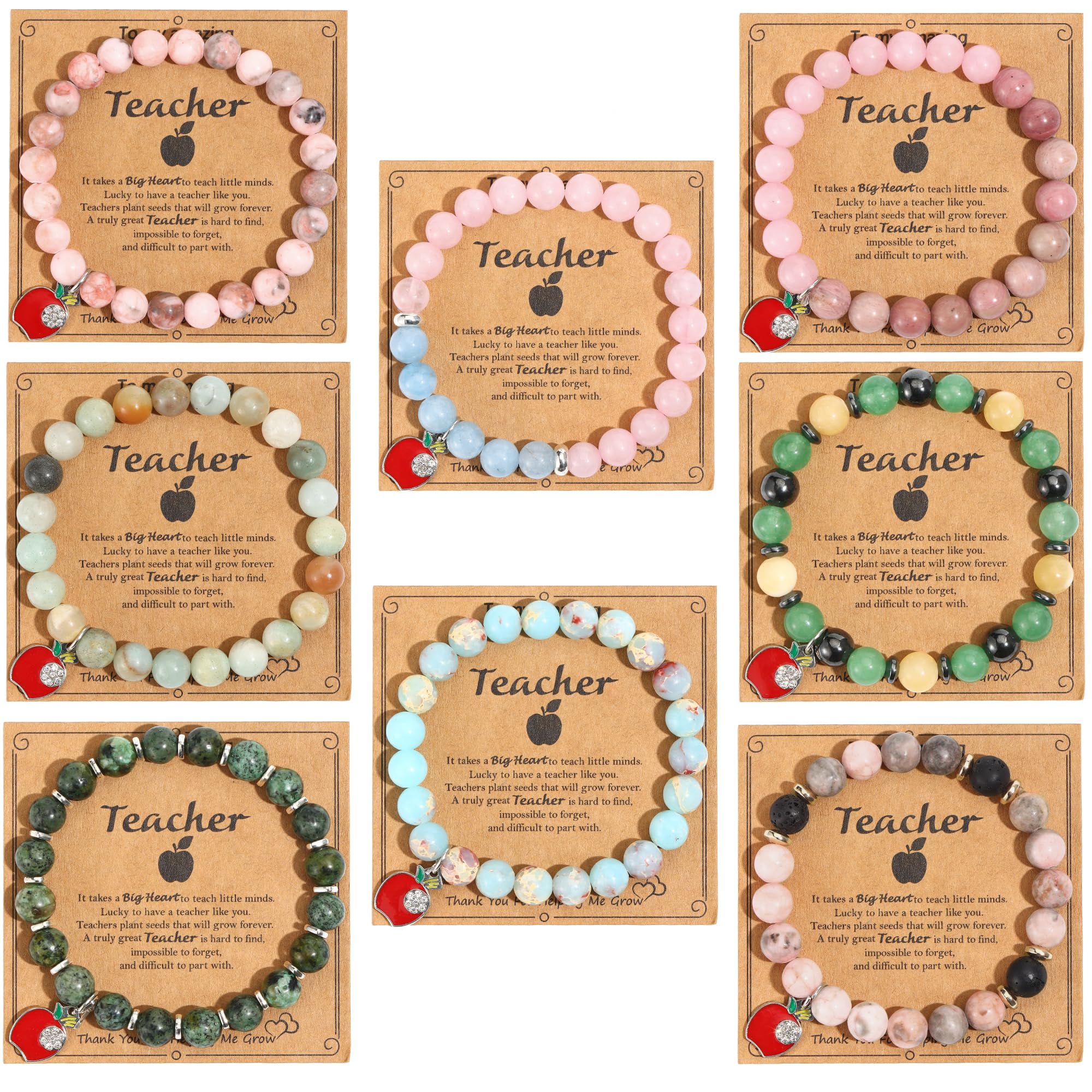 Svovin 8Pcs Teacher Appreciation Bracelets Gifts for Women Men Natural Stone Teacher Elastic Bead Bracelets Teacher Jewelry Gift