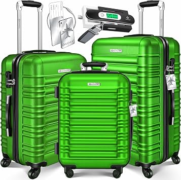 KESSER 3 Piece Hard Suitcase Set, Travel Suitcase Set, Trolley Suitcase Set, Including Luggage Scale + Luggage Tag, Rolling Suitcase Lock, Telescopic Handle M-L-XL, Green, M-L-XL, Hard case set
