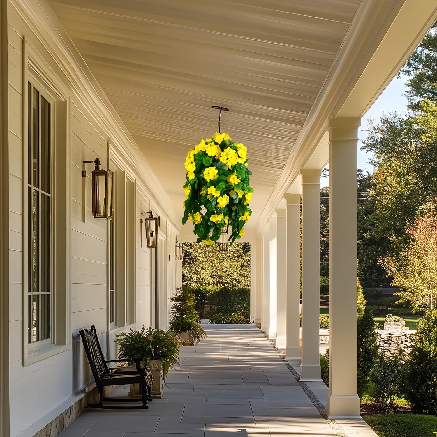 QIANYUN Fake Hanging Plants with Yellow Geranium Flowers-31in Fake Hanging Plant UV Resistant Plastic Plants for Bedroom Living Room Garden Decor- Including Hanging Planters
