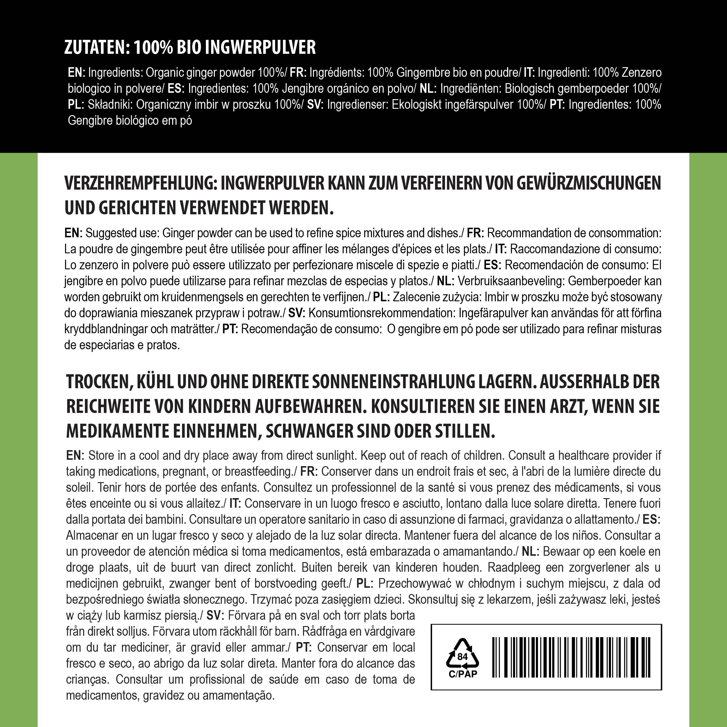 Alpi Nature Ekologiczny Proszek z Imbiru 500g, Suszony Mielony Korzeń Imbiru do Gotowania