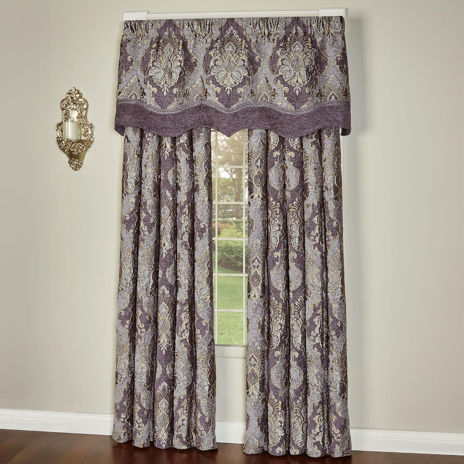 Regalia Luxury Window Treatments | Royal Purple, Grape, Lavender, and Gold | Traditional Jacquard-Woven Damask Medallions on Soft Chenille | Drapery Set Includes Layered Valance & 84L Curtain Pair