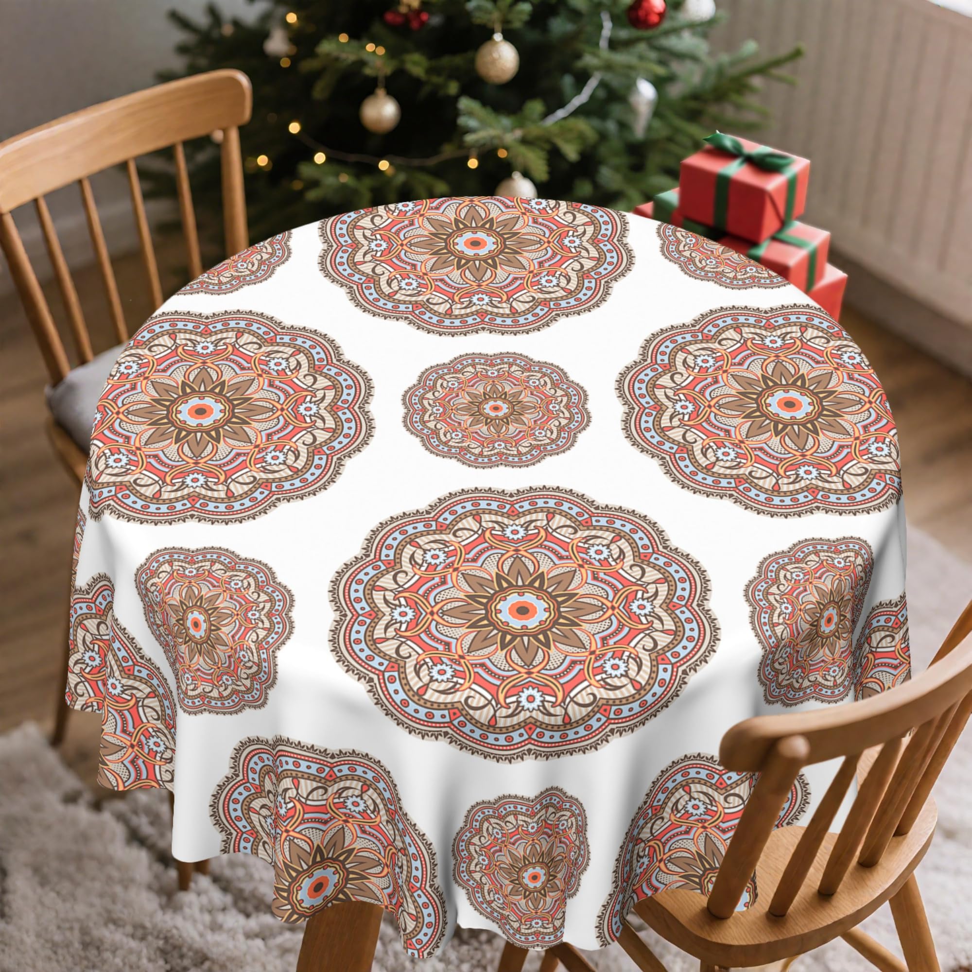 Round Outdoor Tablecloth Wipeable Table Cloth Waterproof Table Cover for Garden Table, Patio, Picnic Bohemian Pattern 60 In