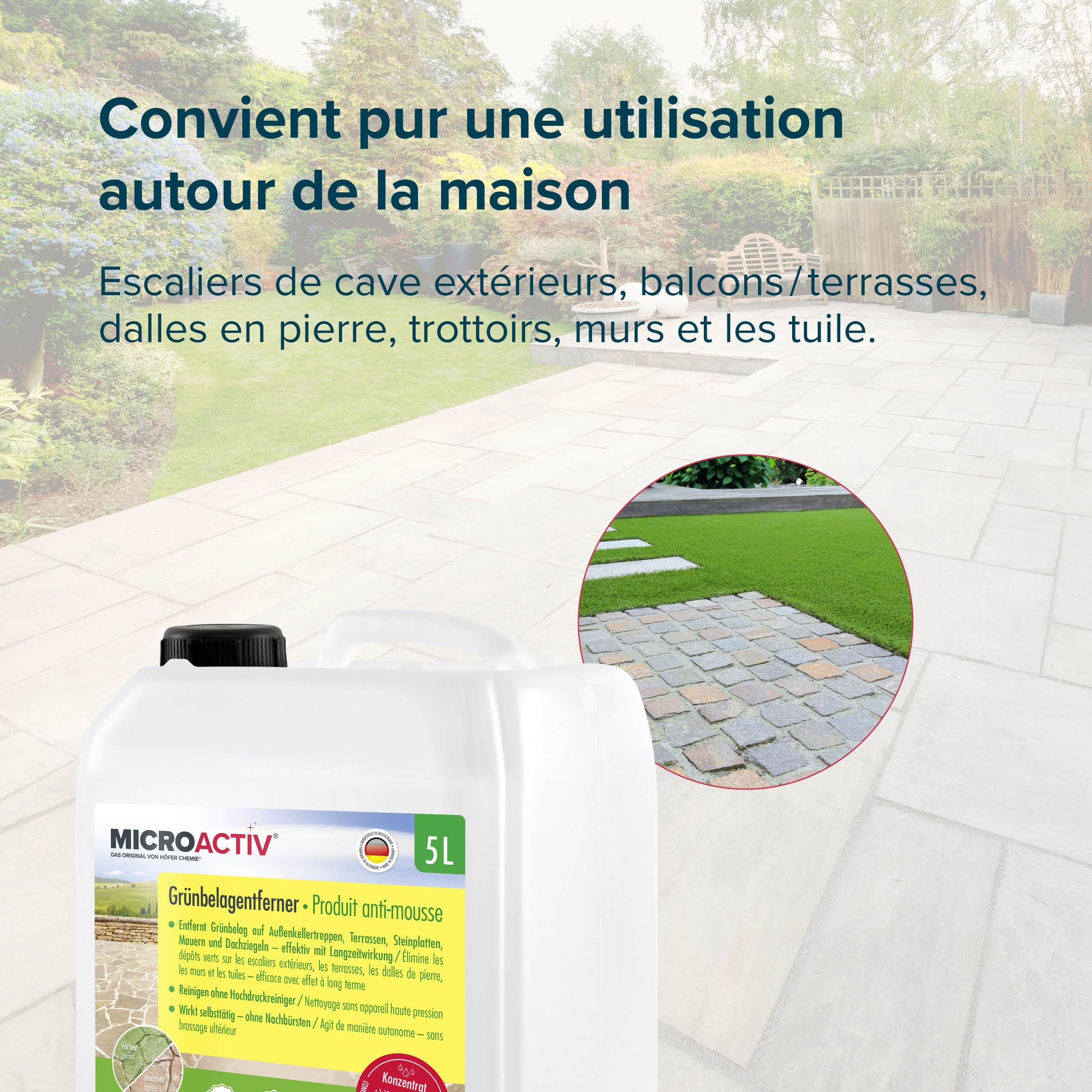 MICROACTIV® Nettoyant Pierre et Anti-Mousse Concentré 1 x 5L - Destructeur de Dépôts Verts, Algues et Lichens pour Terrasse, Mur, Toiture - Formule Autonettoyante Professionnelle