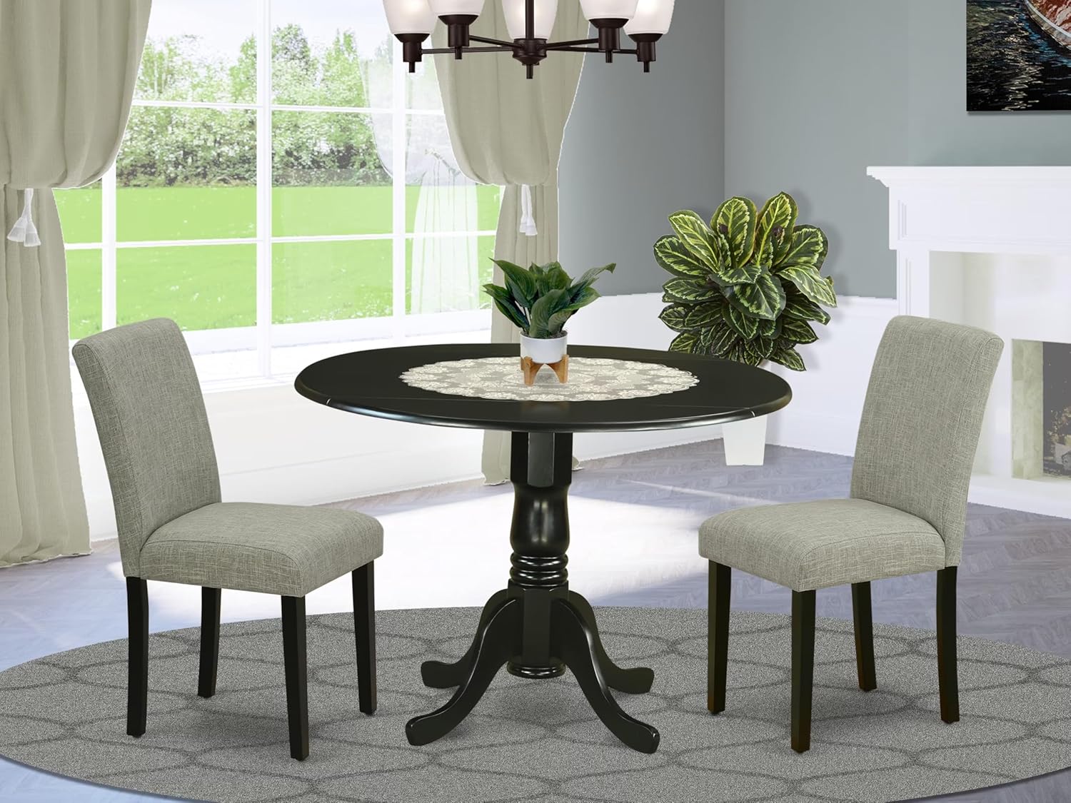 East West Furniture DLAB3-BLK-06 3 Piece Dinette Set for Small Spaces Contains a Round Dining Table with Dropleaf and 2 Shitake Linen Fabric Upholstered Chairs, 42x42 Inch, Black