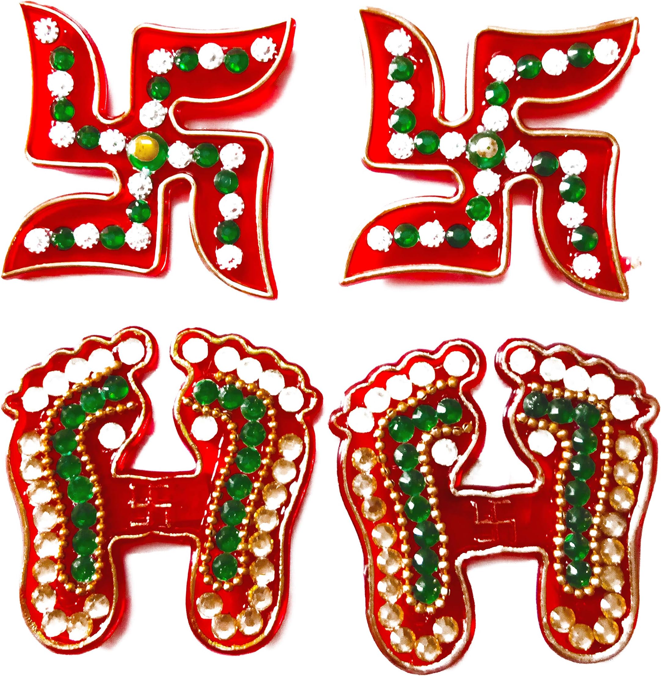 DMS RETAIL Multicolored Stone Studded 2 Pair of Swastik Sticker and 2 Pair of Laxmi Feet for Floor Or Wall Decoration -Small Size 2 Inches
