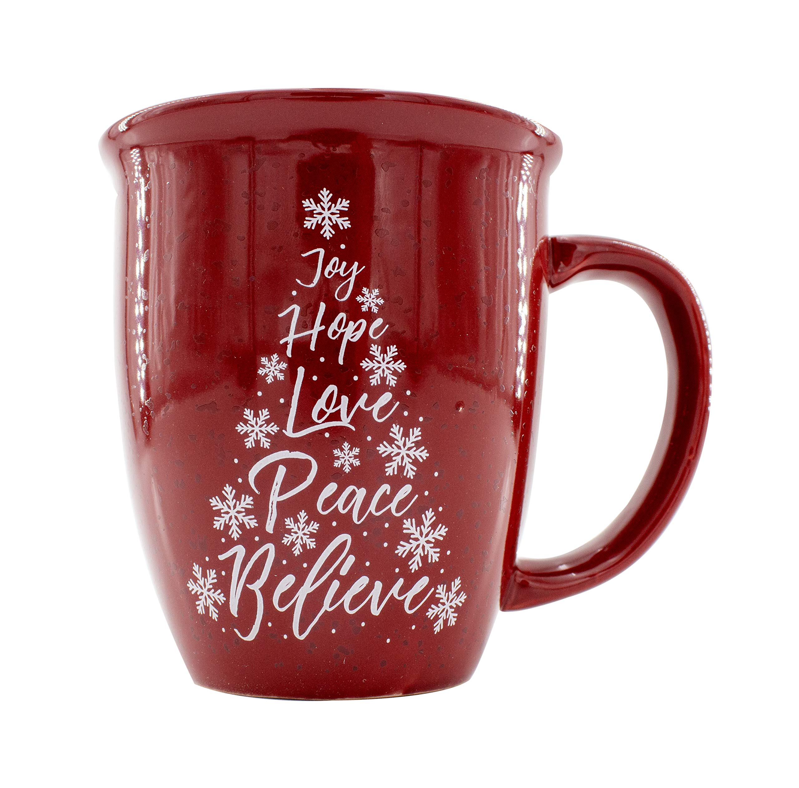 Christmas Ceramic Red Coffee Mug with White Snowflake and Pine trees Accents and Quote that reads All is Calm, All is Bright (12oz)