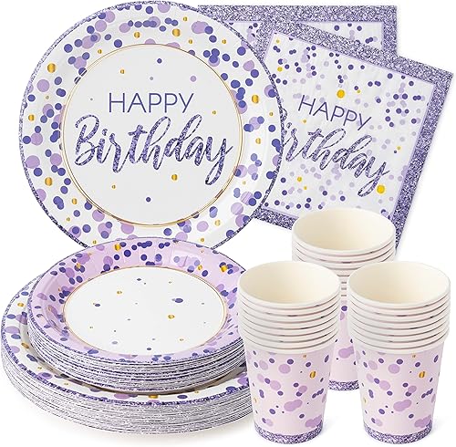 Royal Bluebonnet Suministros de fiesta morados, servicio para 24 platos de papel morado y dorado (7 y 9 pulgadas), servilletas, tazas, platos Royal Bluebonnet Suministros de fiesta morados, servicio para 24 platos de papel morado y dorado (7 y 9 pulgadas), servilletas, tazas, platos