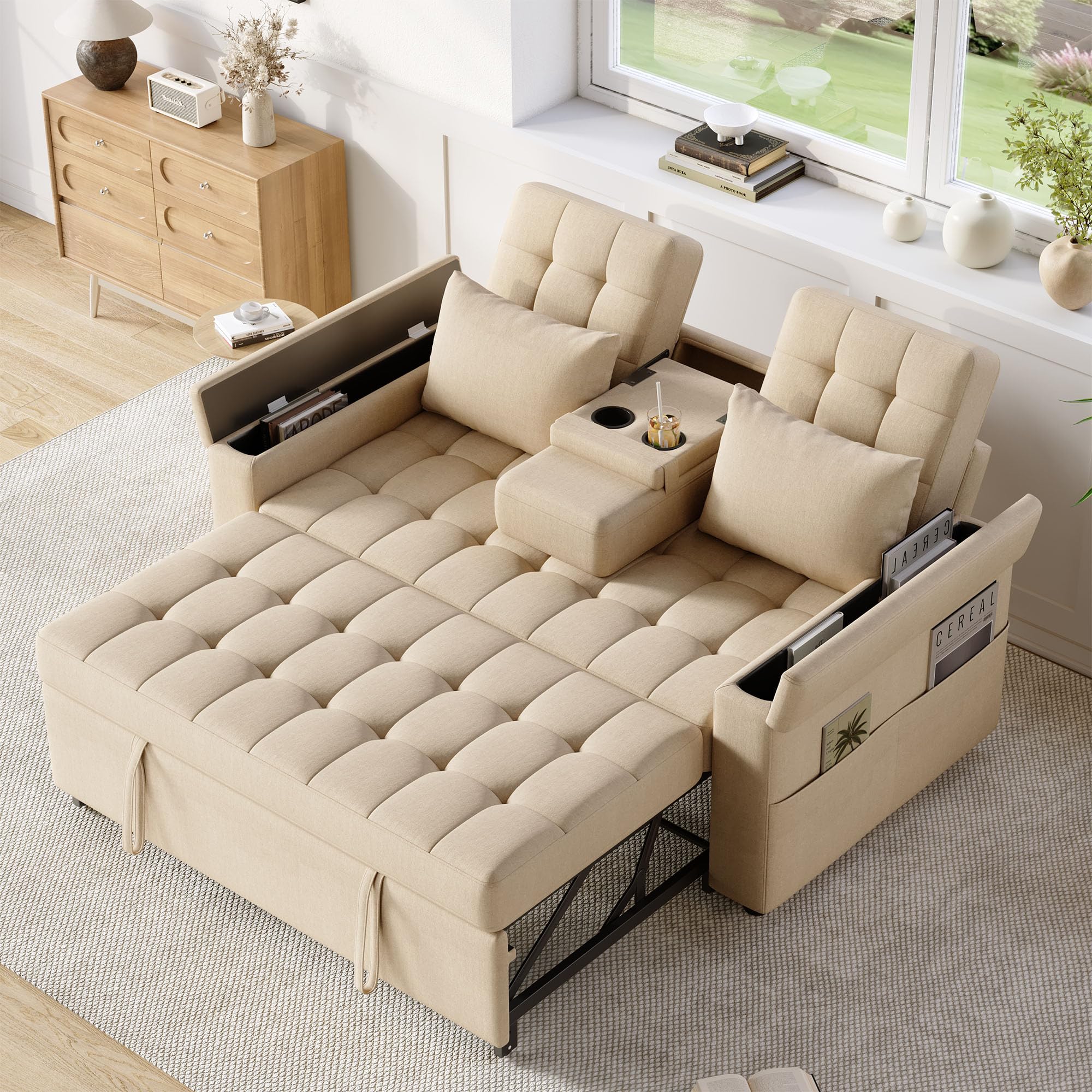 REXO Sofá cama de 2 plazas con espacio de almacenamiento y respaldo ajustable, sofá con reposabrazos y cojines, sofá plegable versátil para salón, dormitorio o apartamento, color beige