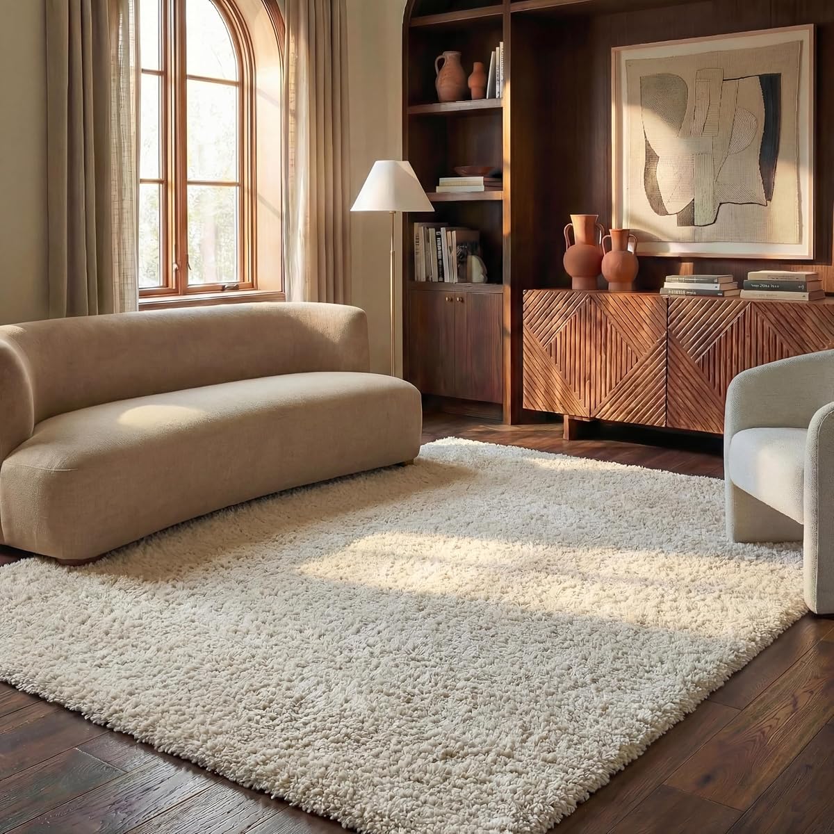 SAFAVIEH Milan Shag Collection Alfombra de área – 6' x 9', marfil, diseño sólido, no se desprende y fácil de limpiar, pelo grueso de felpa, ideal para sala de estar, dormitorio (SG180-1212)