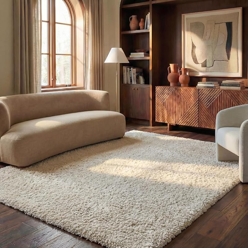SAFAVIEH Milan Shag Collection Alfombra de área – 6' x 9', marfil, diseño sólido, no se desprende y fácil de limpiar, pelo grueso de felpa, ideal para sala de estar, dormitorio (SG180-1212)