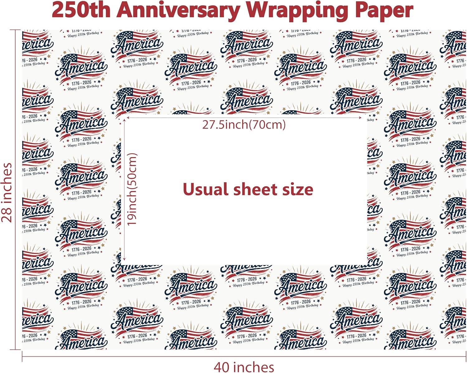 PlandRichW Happy 250th America Birthday Wrapping Paper, 1776-2026 Patriotic Gift Wrap, 4 Large Folded Sheets 40"x28" (No Roll), for 4th of July Independence Day, National Celebration Party
