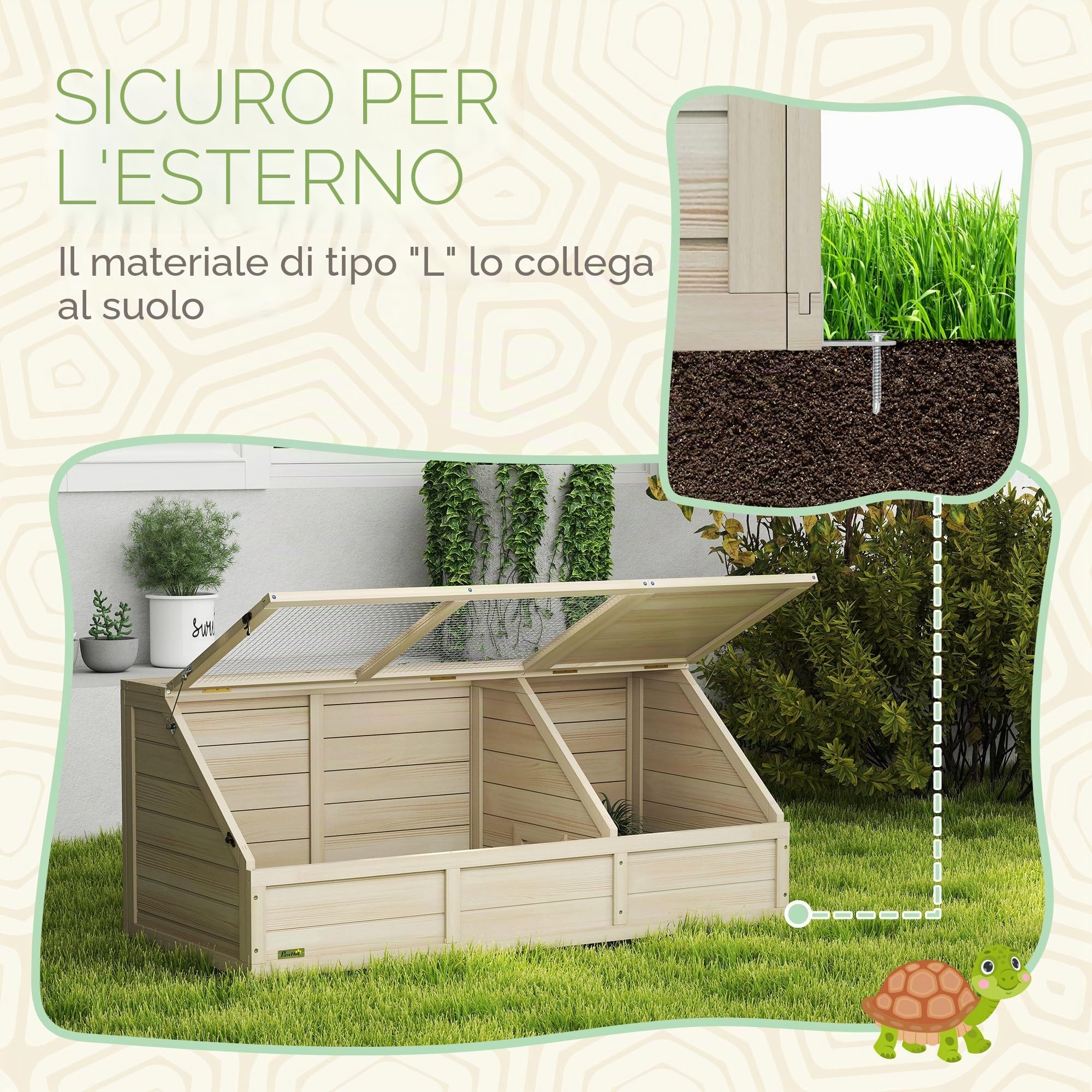 PawHut Casa in Legno per Tartarughe, recinto esterno per piccoli animali con coperchio apribile, fermi e 2 spazi separati, senza fondo, 120 x 55 x 50 cm, legno naturale