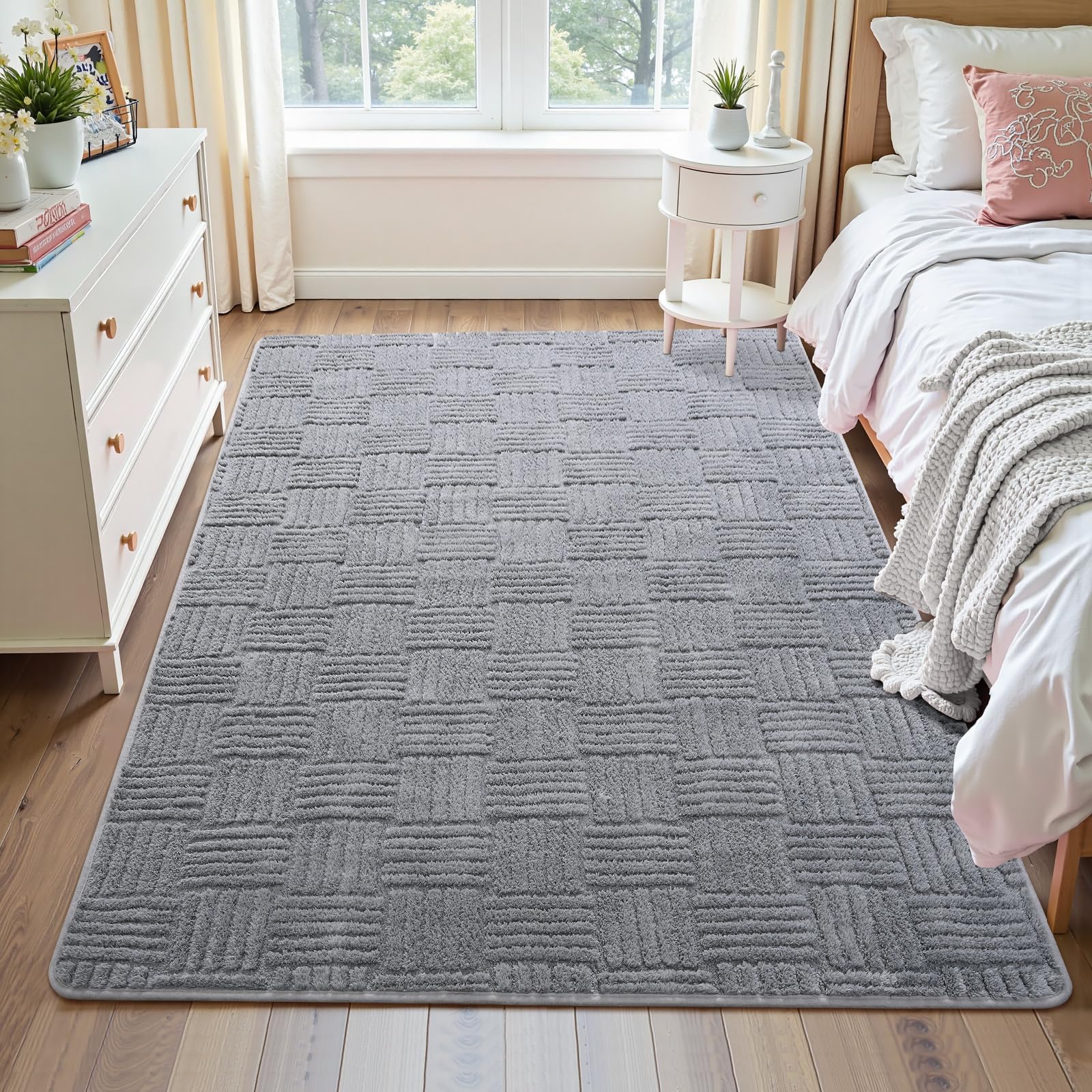 Flagover 3x5 Grey Washable Shag Area Rug for Bedroom, Modern Geometric Non Slip Living Room Rugs, Fluffy Soft Thick Carpet for Kids Boys Room, Dorm,