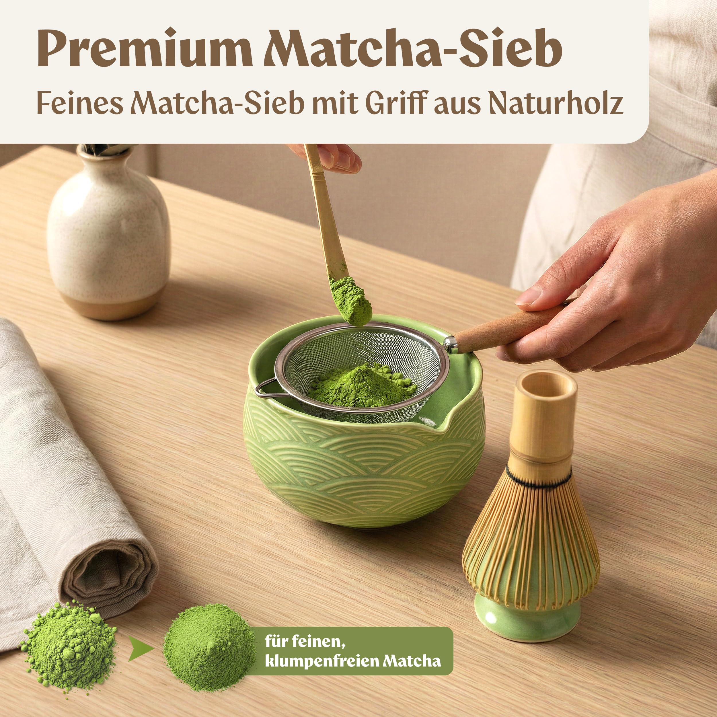 EDELHAUS Matcha Set (7 Teilig) Matcha Schale mit Besen, Sieb, Löffel - Einzigartiges Design Ceremonial Grade Matcha Tee Set (Grün)