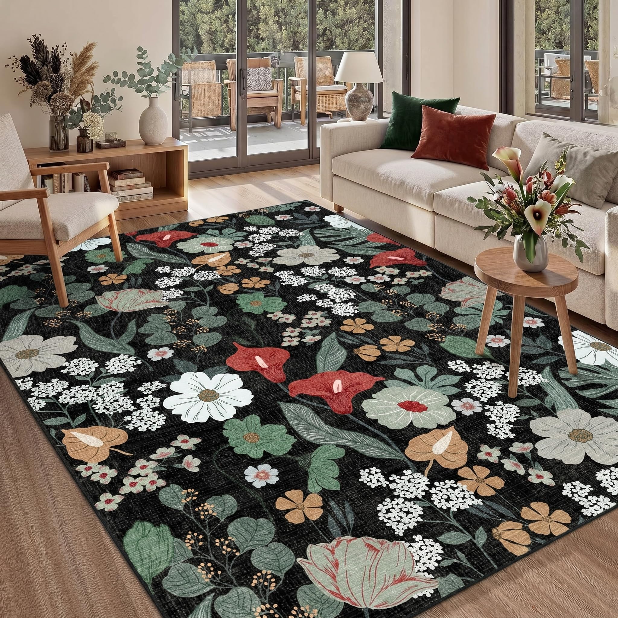 Teppich Schwarzer Wohnzimmer Waschbar 140x200 Boho Floral Kurzflor Teppich mit Weißen Roten Blumen Rutschfest & Weich Indoorteppich Extra DüNn Groß Teppiche für Haushalte mit Kindern & Haustieren