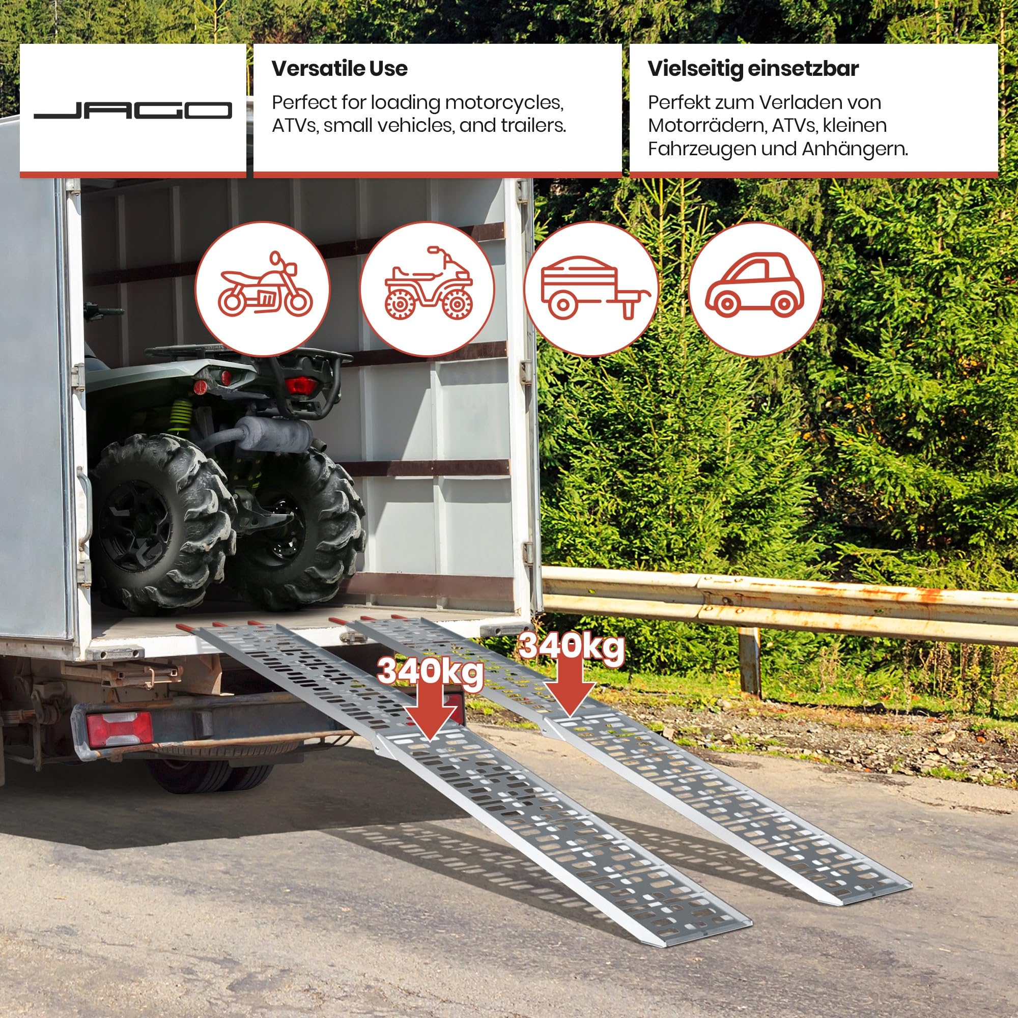 Jago® Rampa di Carico - Set da 1 o 2, Pieghevole, in Alluminio, Carico Massimo 340kg, 227x30 cm, Portatile - Accesso per Moto, Scooter, Quad, Trattorino, Furgone, Carrello (1 Rampa)
