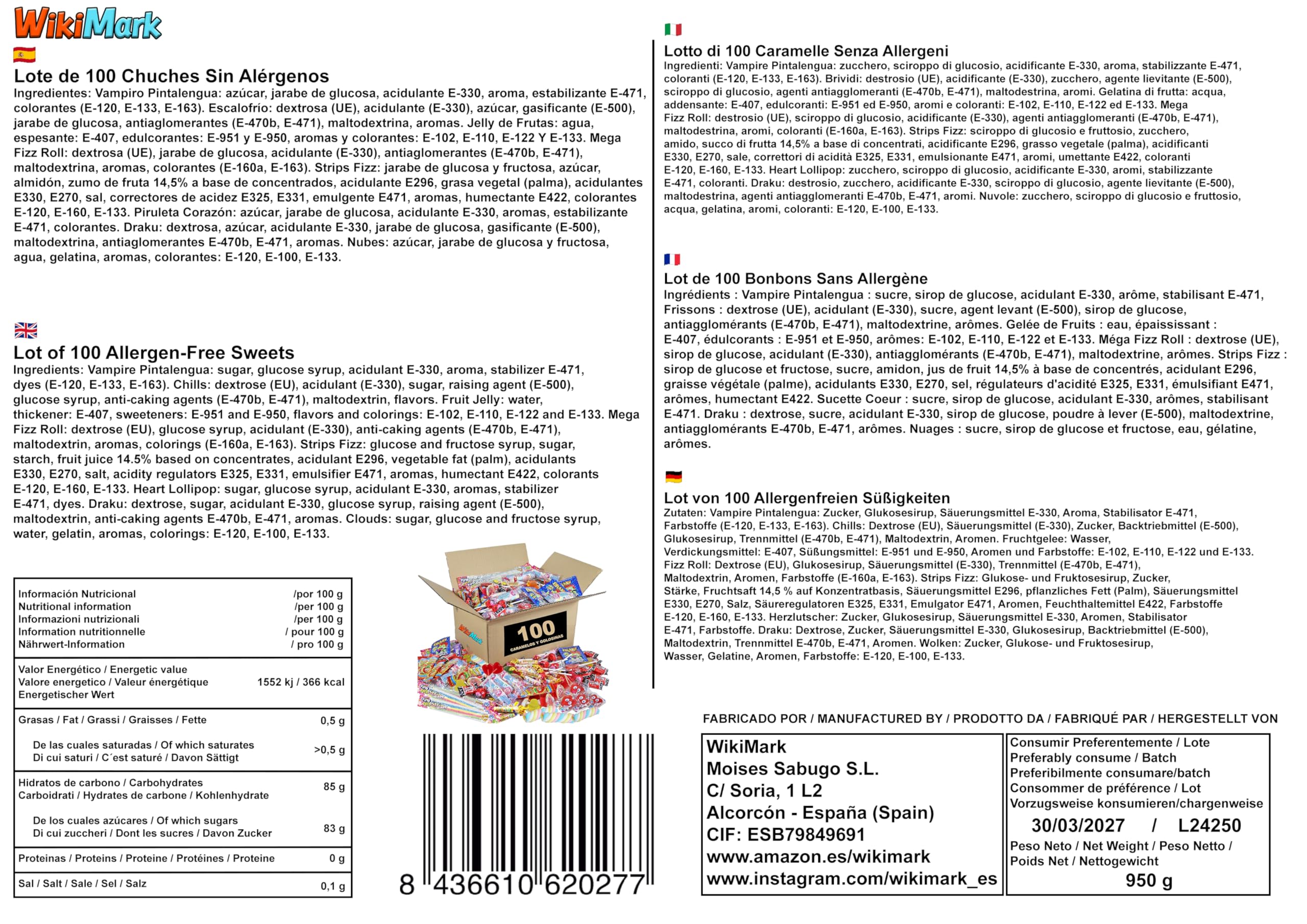 WikiMark - 100 Chuches Relleno de Piñata Sin Alérgenos, Golosinas y Caramelos - Para Relleno Bolsas de Cumpleaños, Fiestas, Navidad, Halloween. Sin Gluten y Sin Leche.